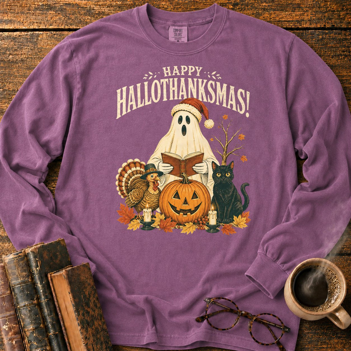 Vintage Hallothanksmas Pumpkin Holiday LS T-Shirt in Berry – BooksThreads