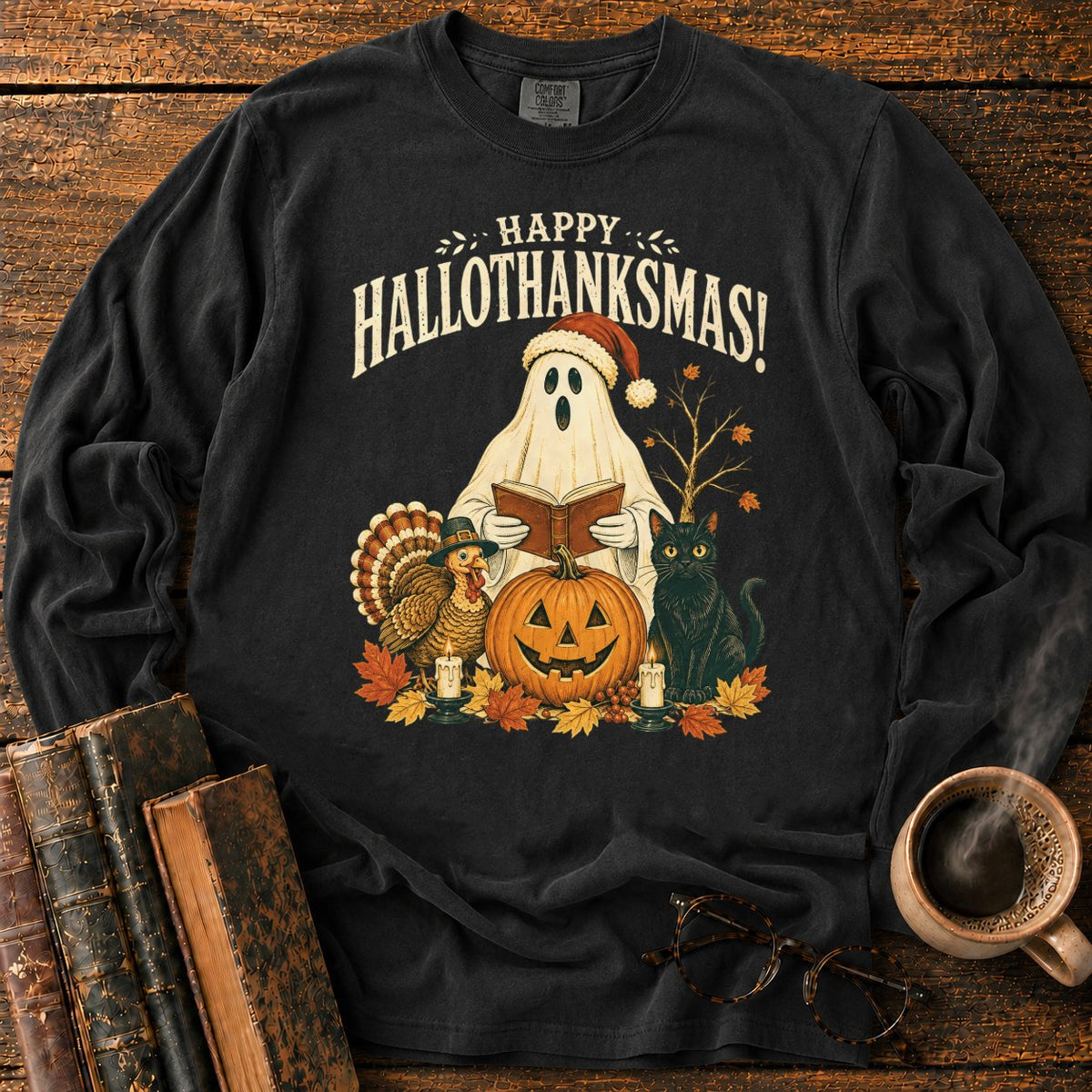 Vintage Hallothanksmas Pumpkin Holiday LS T-Shirt in Black – BooksThreads
