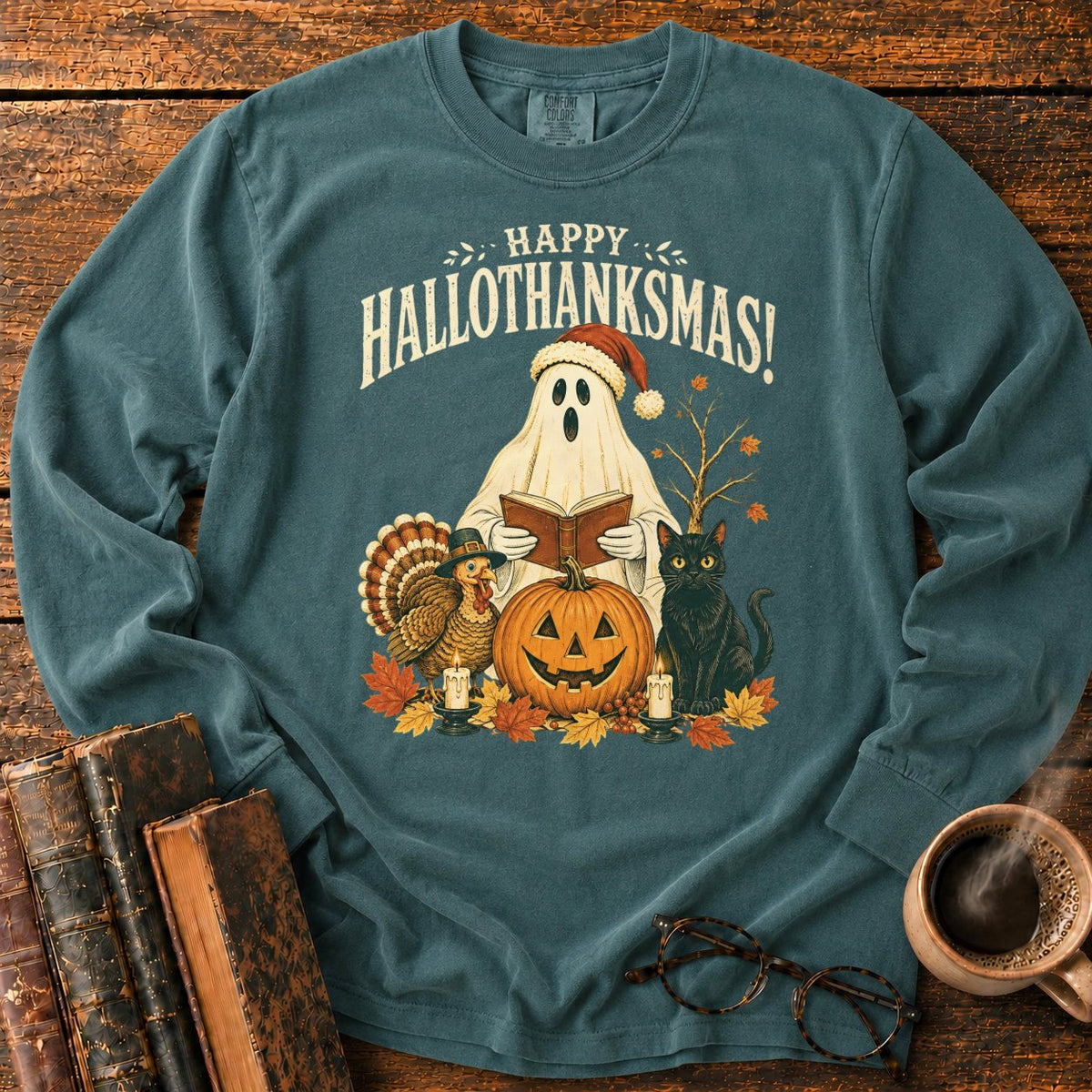 Vintage Hallothanksmas Pumpkin Holiday LS T-Shirt in Blue Spruce – BooksThreads