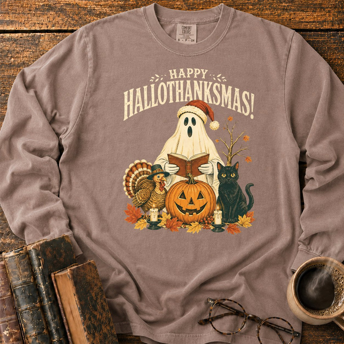 Vintage Hallothanksmas Pumpkin Holiday LS T-Shirt in Espresso – BooksThreads