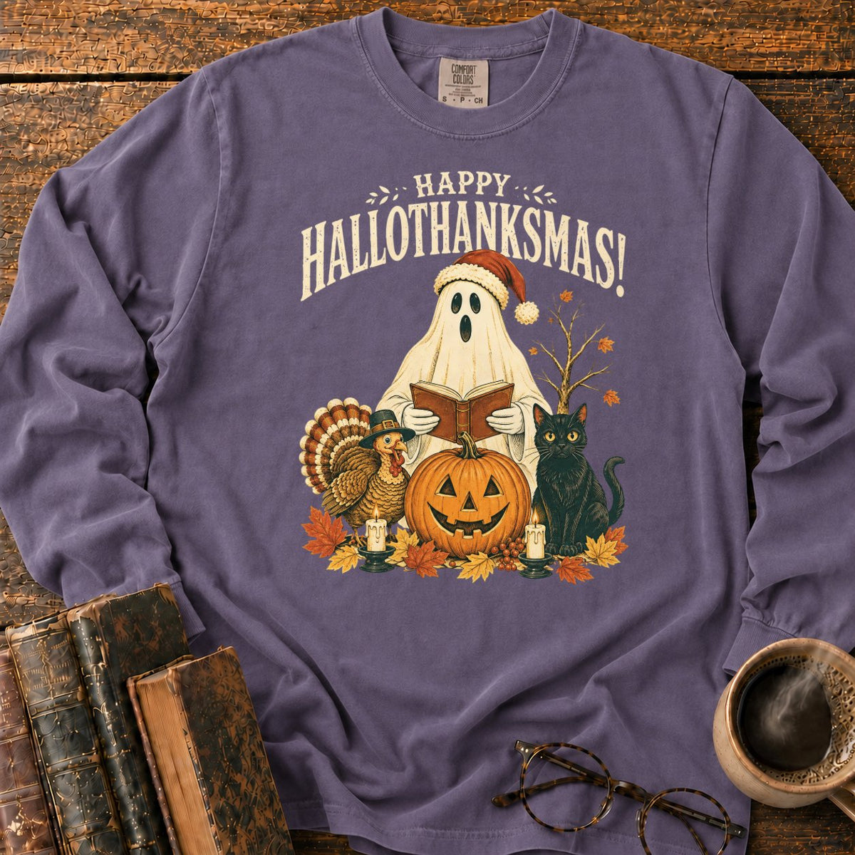 Vintage Hallothanksmas Pumpkin Holiday LS T-Shirt in Grape – BooksThreads