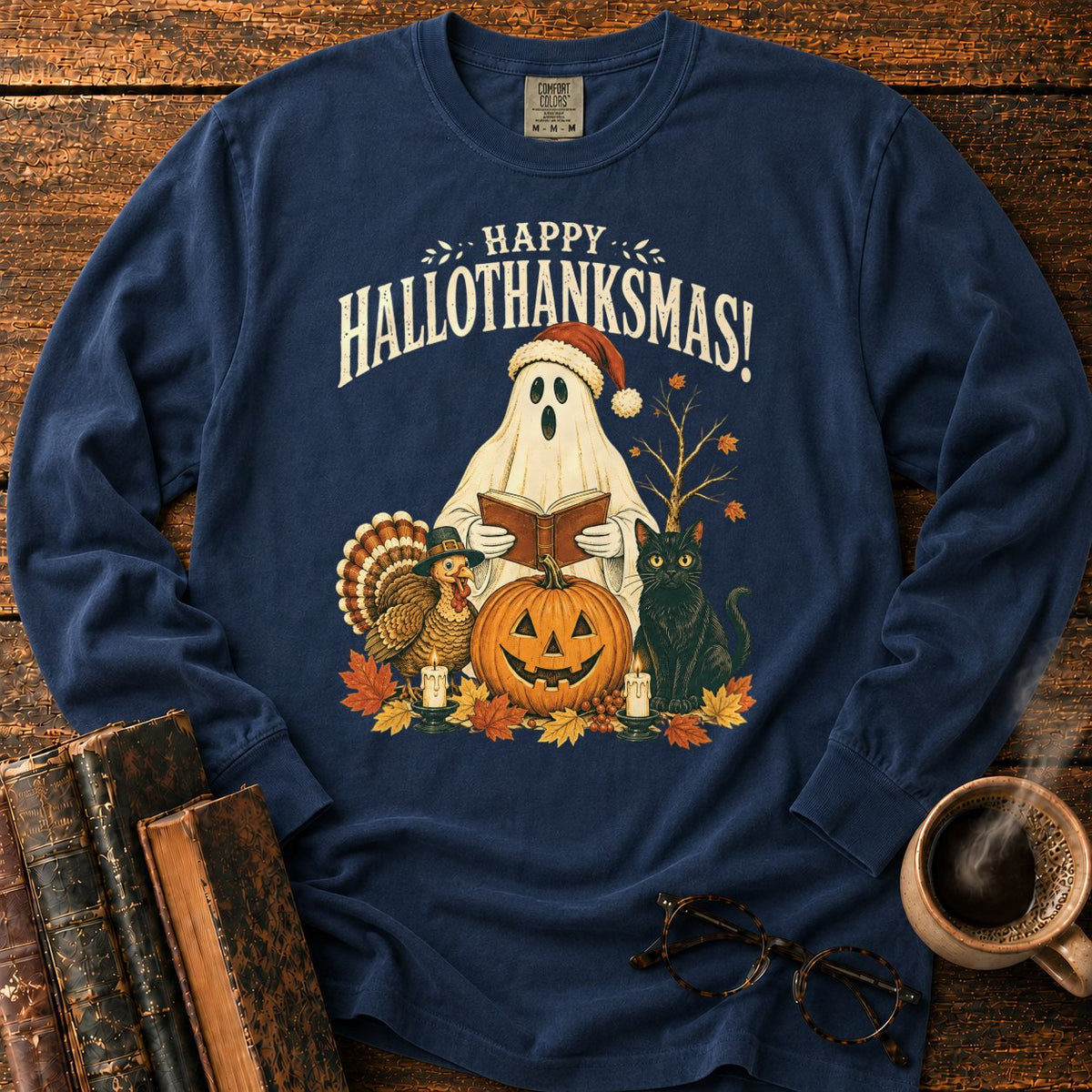 Vintage Hallothanksmas Pumpkin Holiday LS T-Shirt in Midnight – BooksThreads