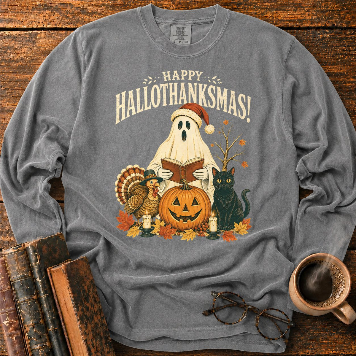 Vintage Hallothanksmas Pumpkin Holiday LS T-Shirt in Pepper – BooksThreads