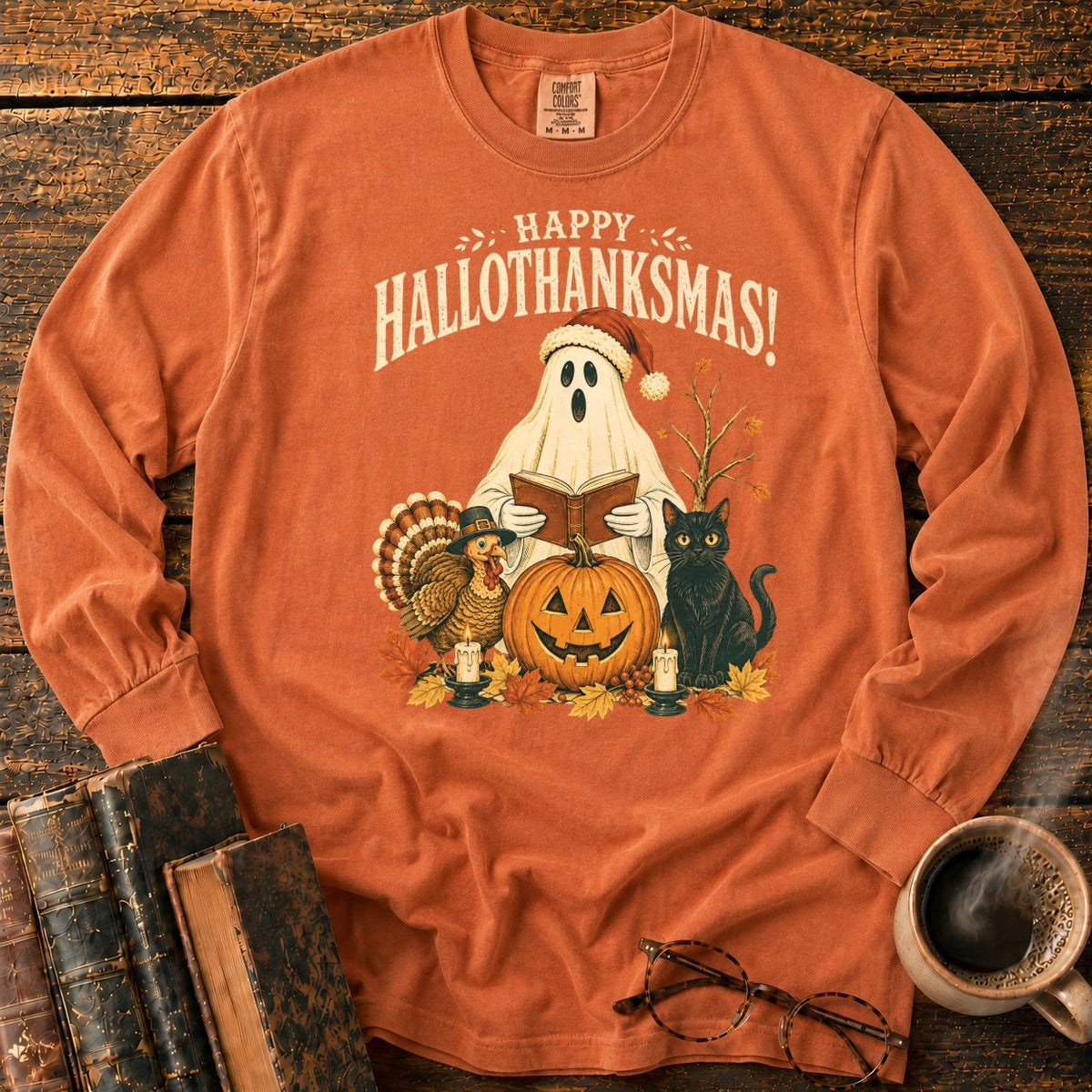 Vintage Hallothanksmas Pumpkin Holiday LS T-Shirt in Yam – BooksThreads