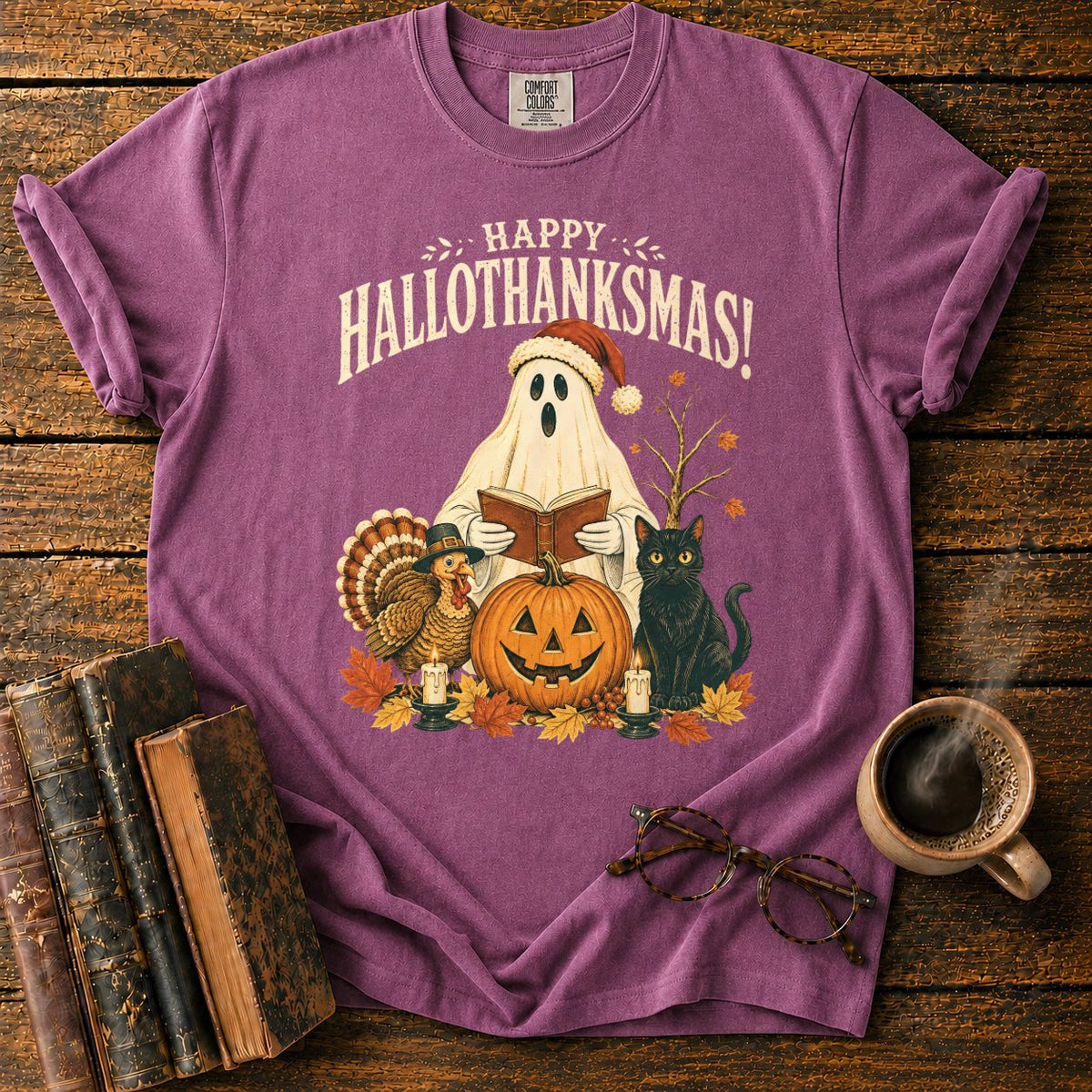 Vintage Hallothanksmas Pumpkin Holiday T-Shirt in Berry – BooksThreads