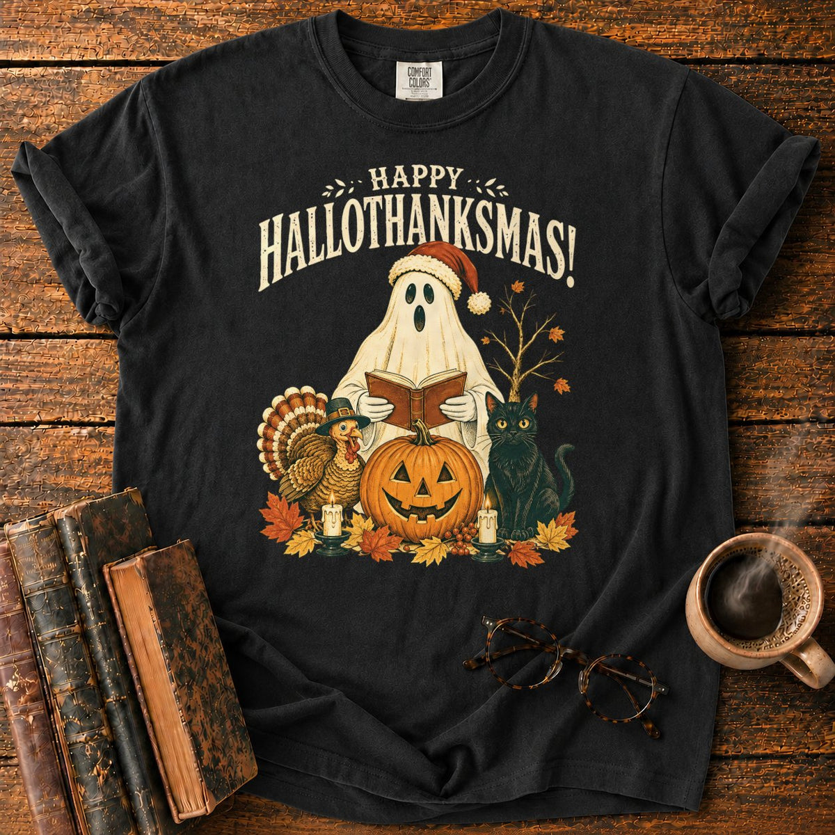 Vintage Hallothanksmas Pumpkin Holiday T-Shirt in Black – BooksThreads