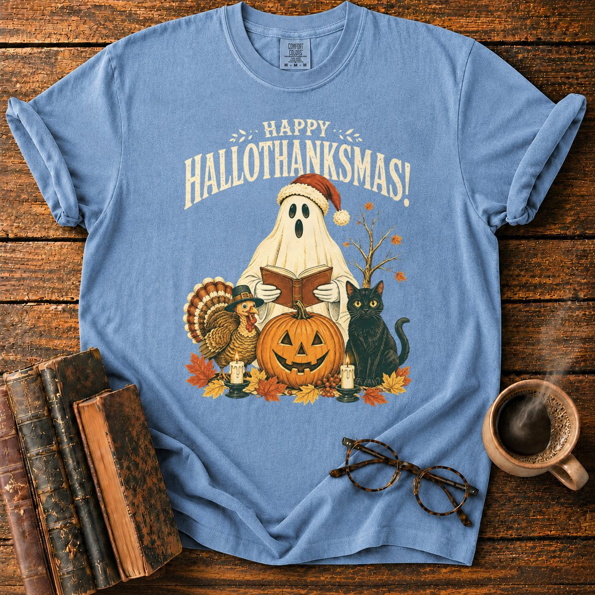 Vintage Hallothanksmas Pumpkin Holiday T-Shirt in Blue Jean – BooksThreads