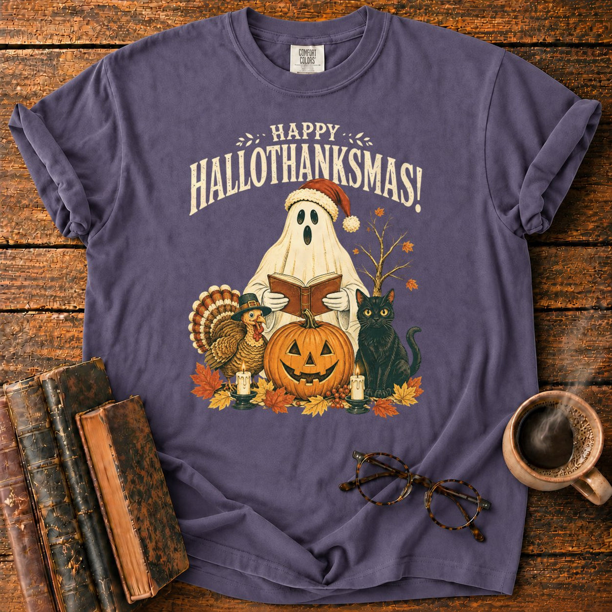 Vintage Hallothanksmas Pumpkin Holiday T-Shirt in Grape – BooksThreads