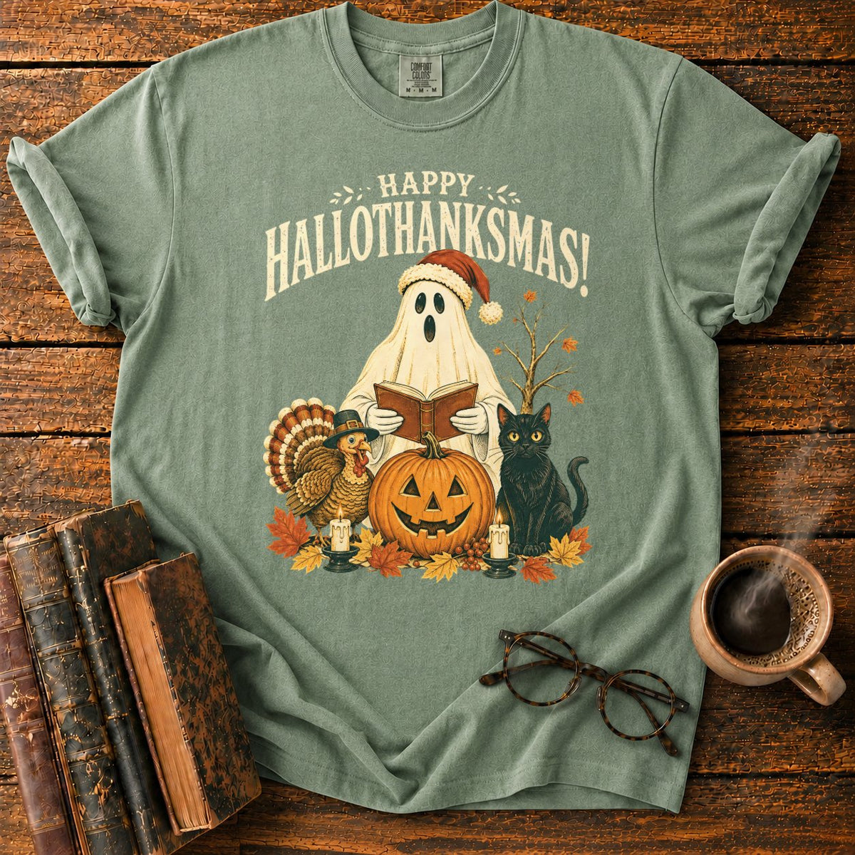 Vintage Hallothanksmas Pumpkin Holiday T-Shirt in Moss – BooksThreads