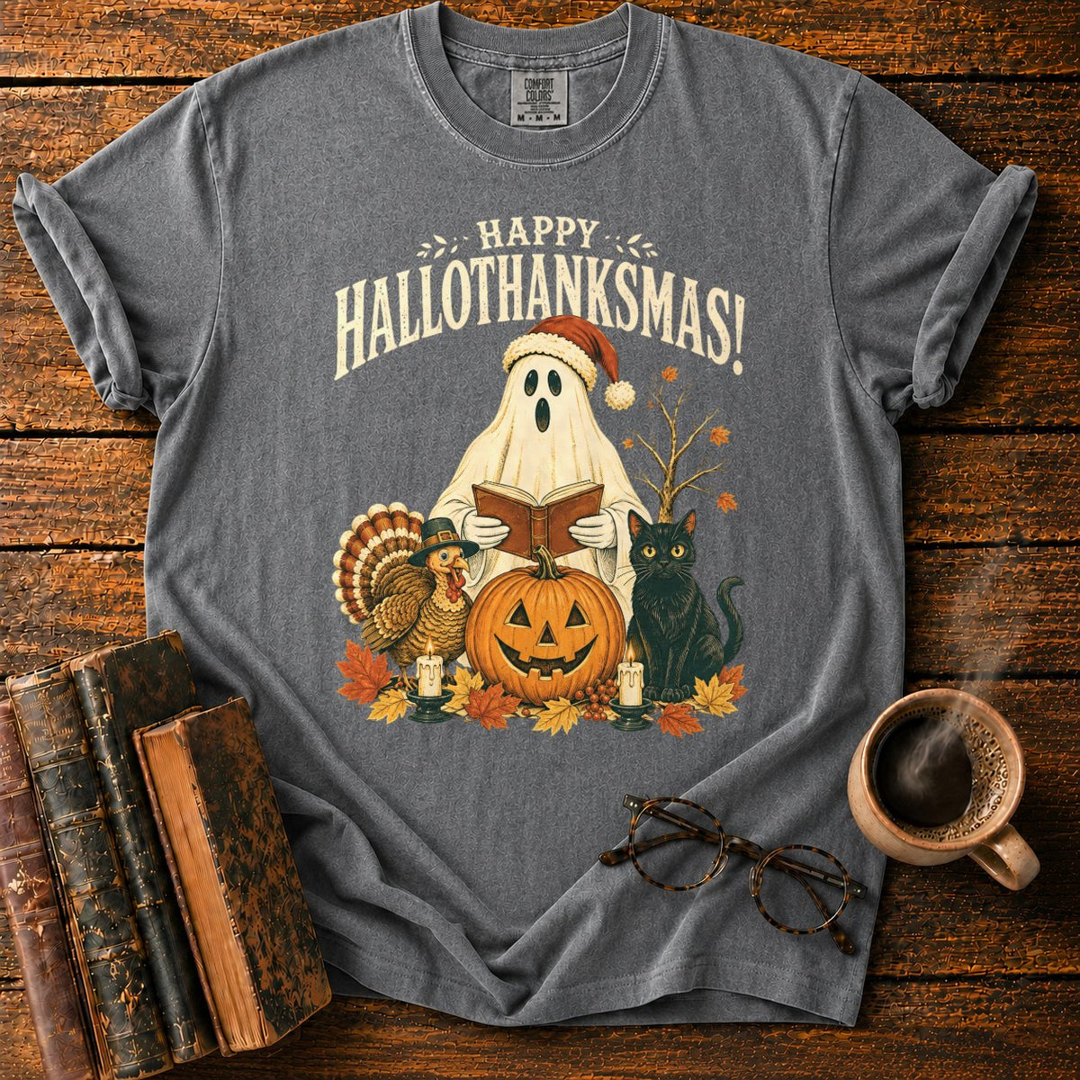 Vintage Hallothanksmas Pumpkin Holiday T-Shirt in Pepper – BooksThreads