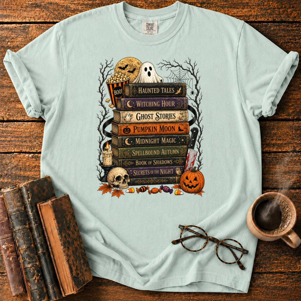 Vintage Halloween Book Stack T-Shirt in Bay – BooksThreads