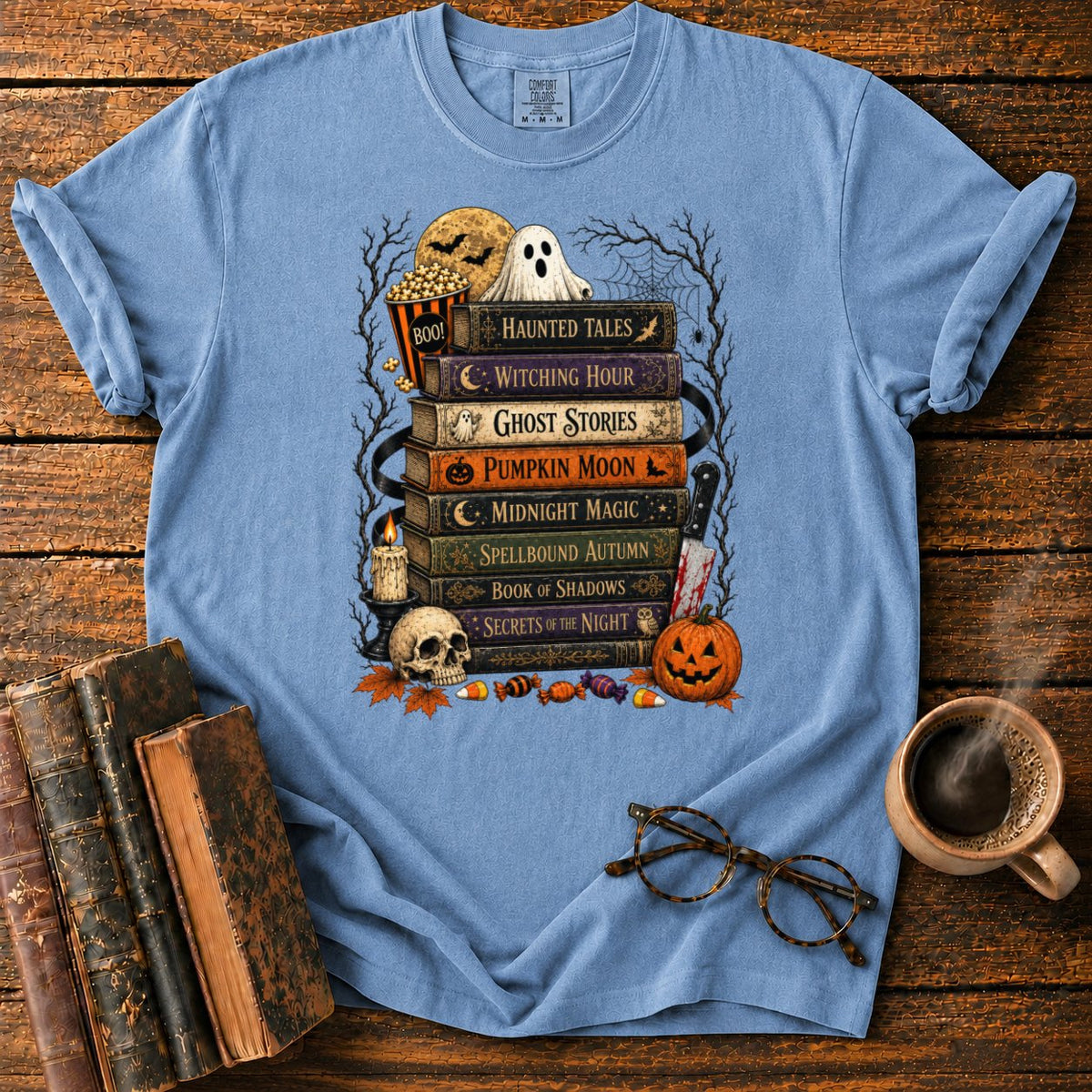 Vintage Halloween Book Stack T-Shirt in Blue Jean – BooksThreads