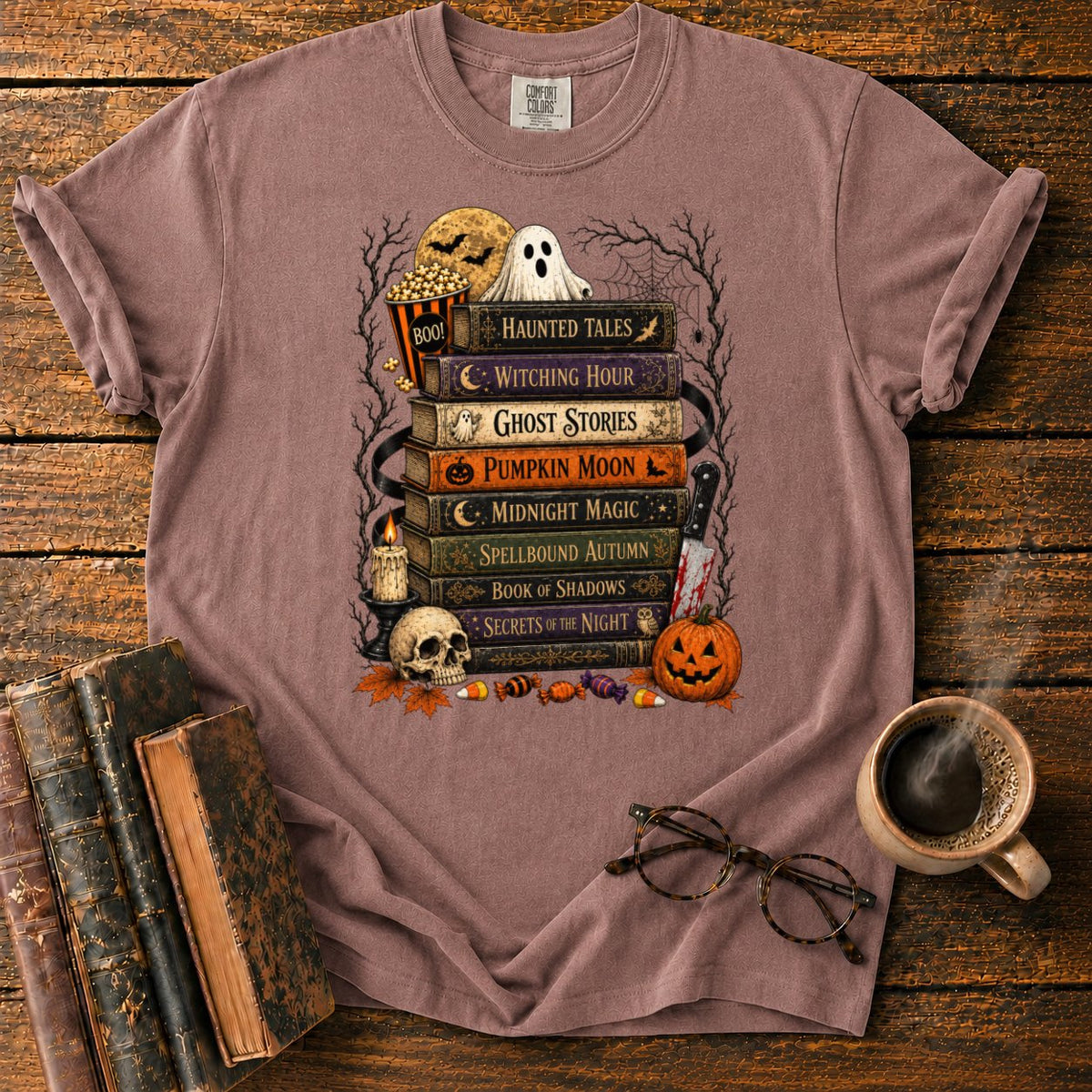 Vintage Halloween Book Stack T-Shirt in Espresso – BooksThreads