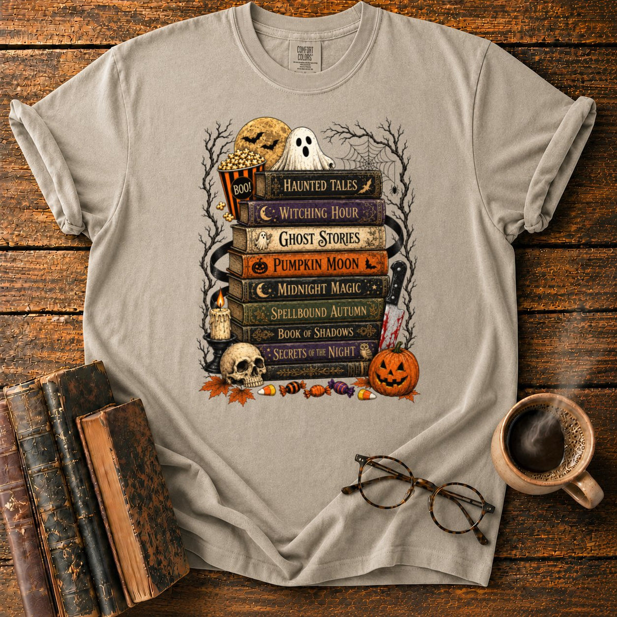Vintage Halloween Book Stack T-Shirt in Khaki – BooksThreads