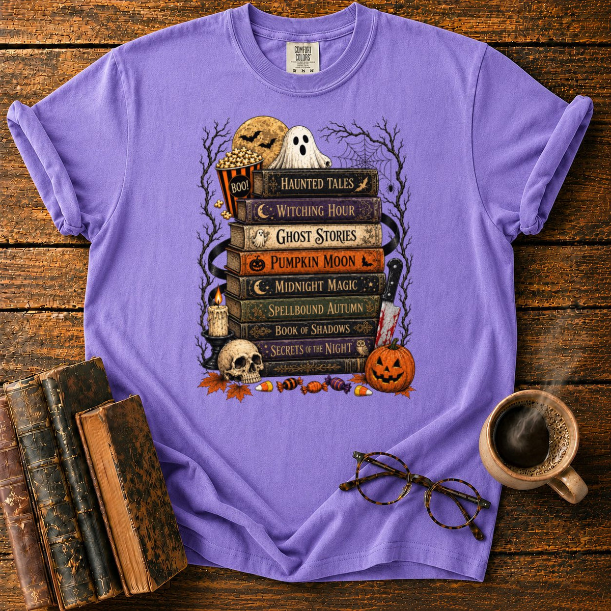 Vintage Halloween Book Stack T-Shirt in Violet – BooksThreads