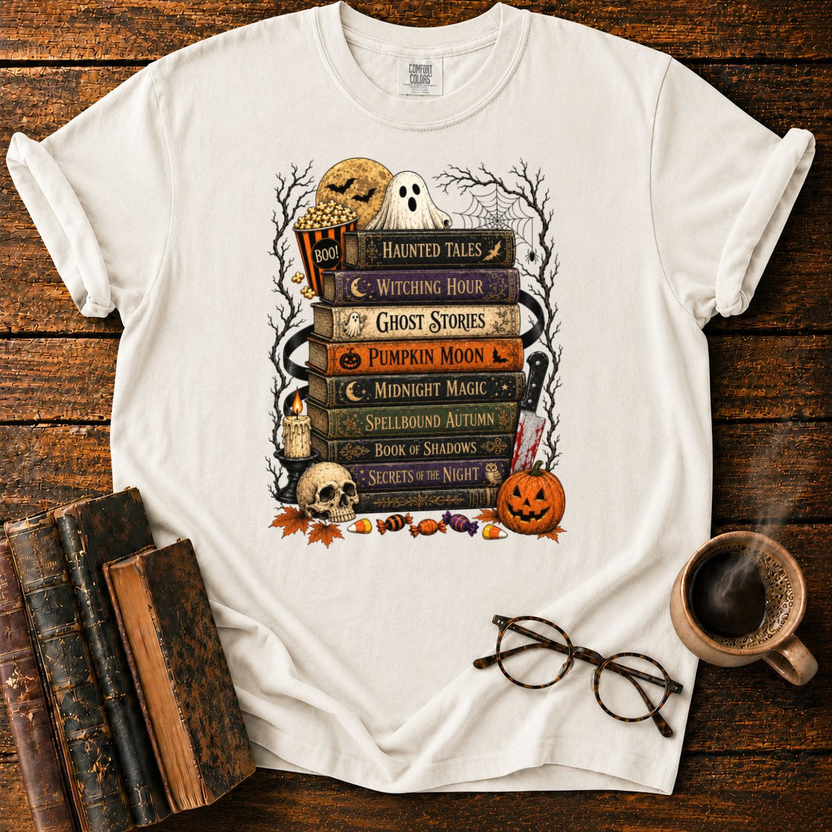 Vintage Halloween Book Stack T-Shirt in White – BooksThreads