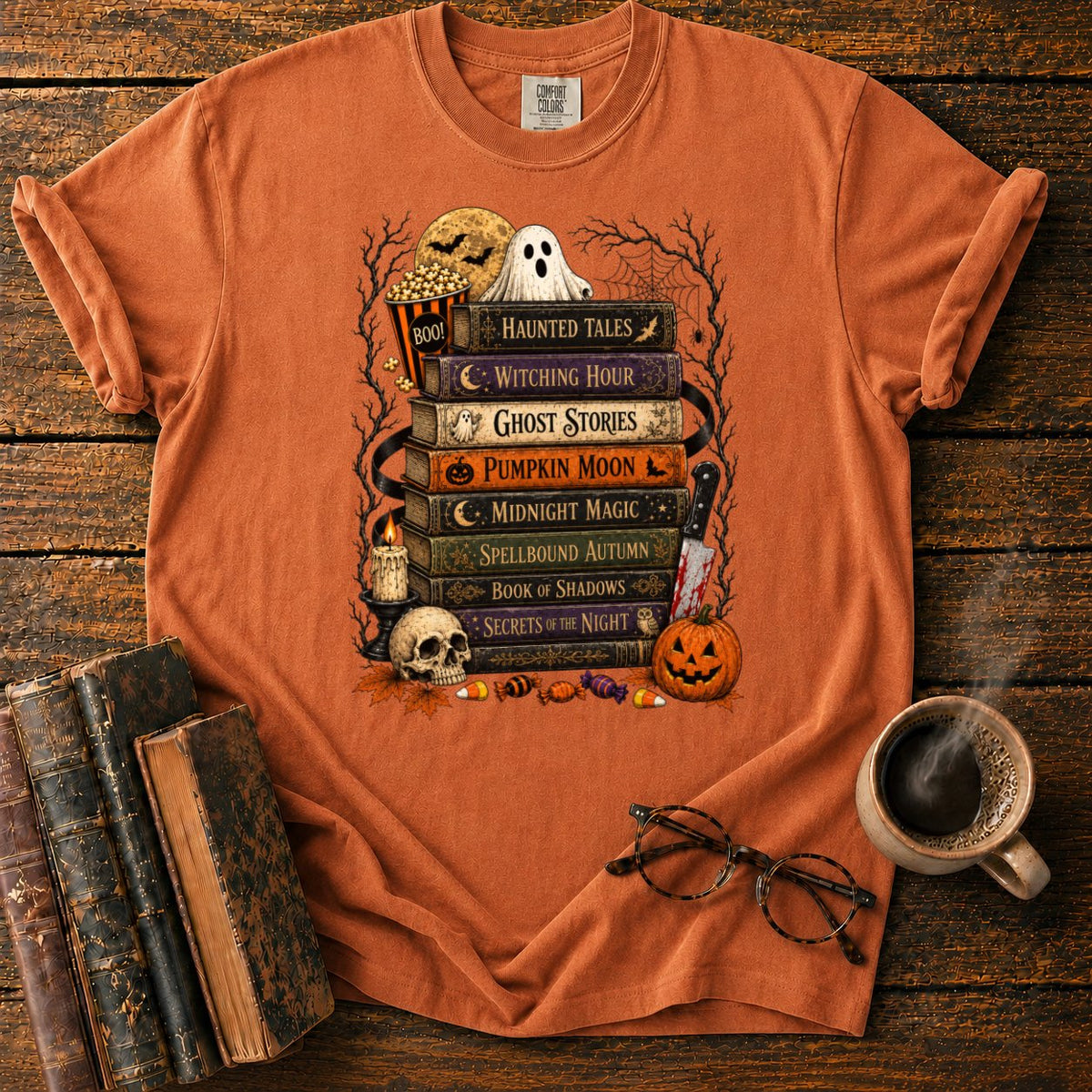 Vintage Halloween Book Stack T-Shirt in Yam – BooksThreads