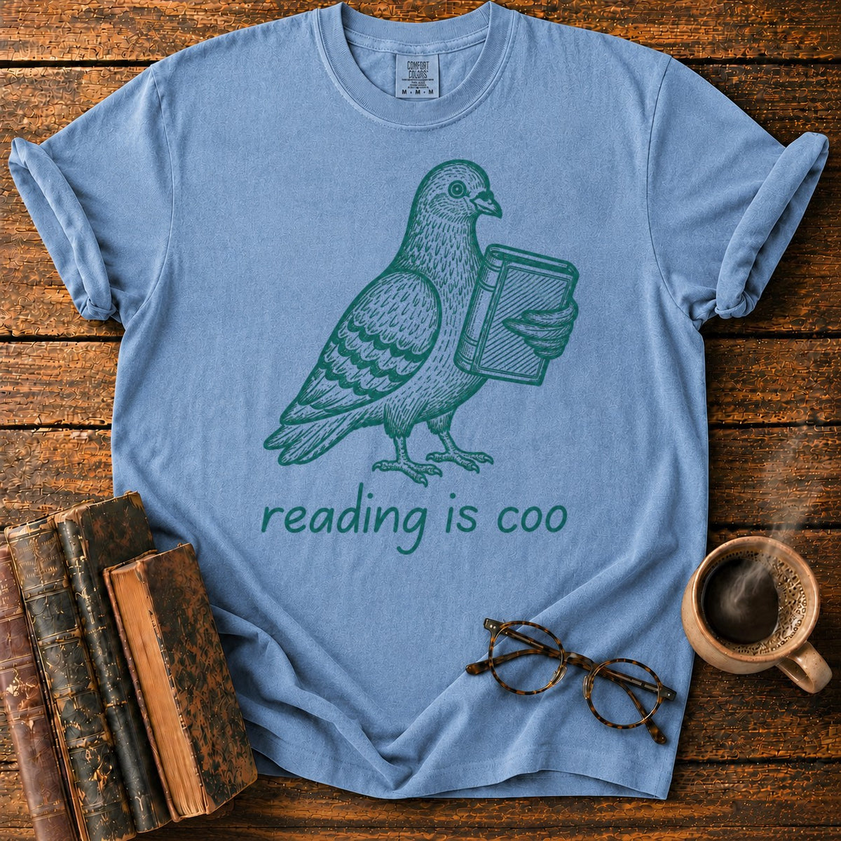 Vintage Pigeon Reading Illustration T-Shirt in Blue Jean – BooksThreads