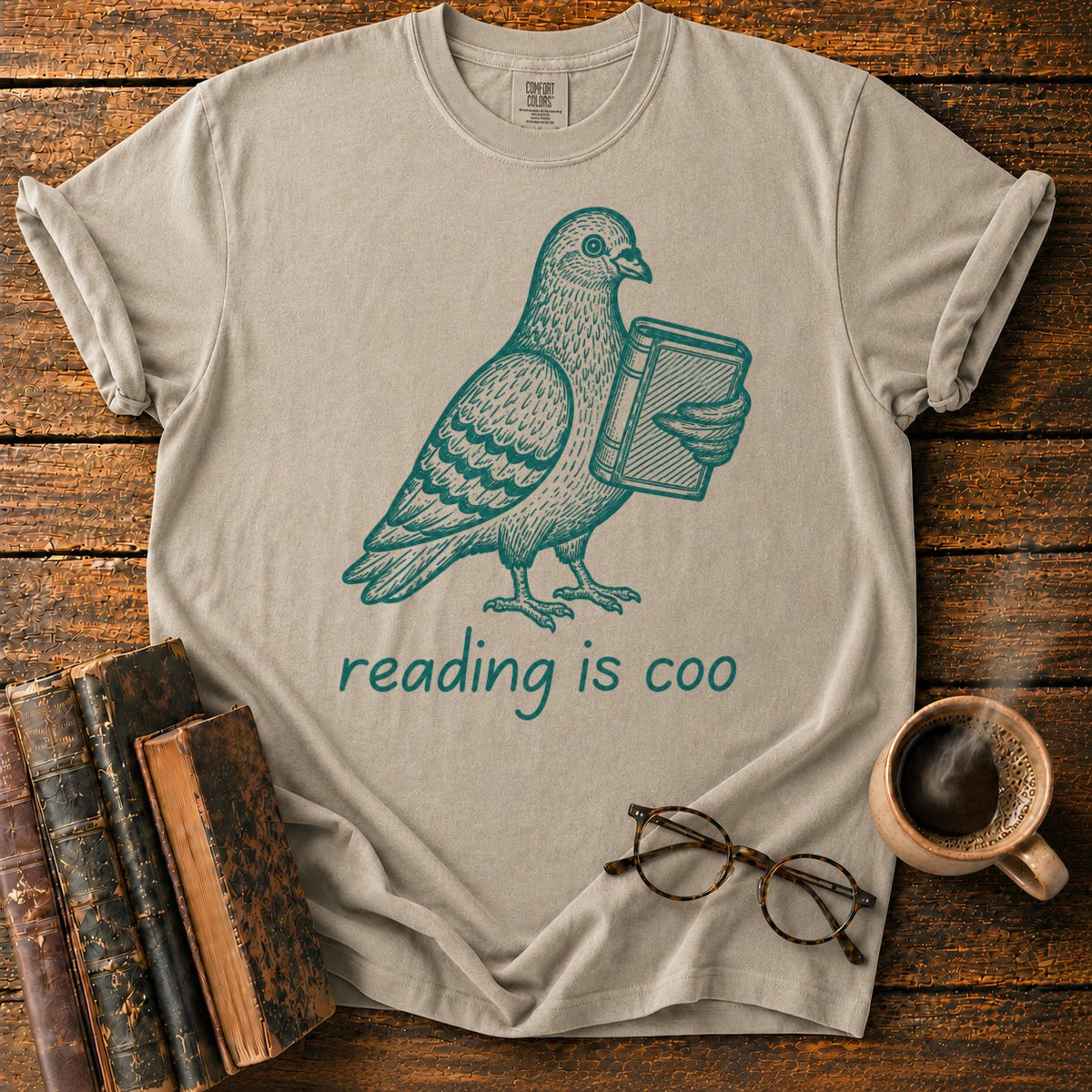 Vintage Pigeon Reading Illustration T-Shirt in Khaki – BooksThreads