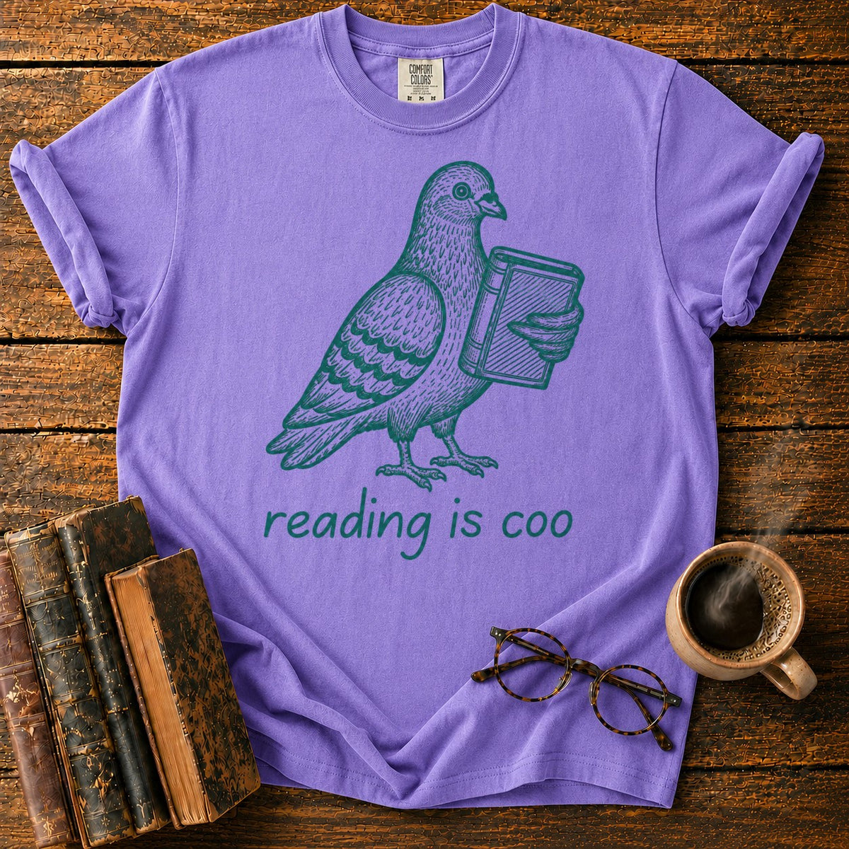 Vintage Pigeon Reading Illustration T-Shirt in Violet – BooksThreads