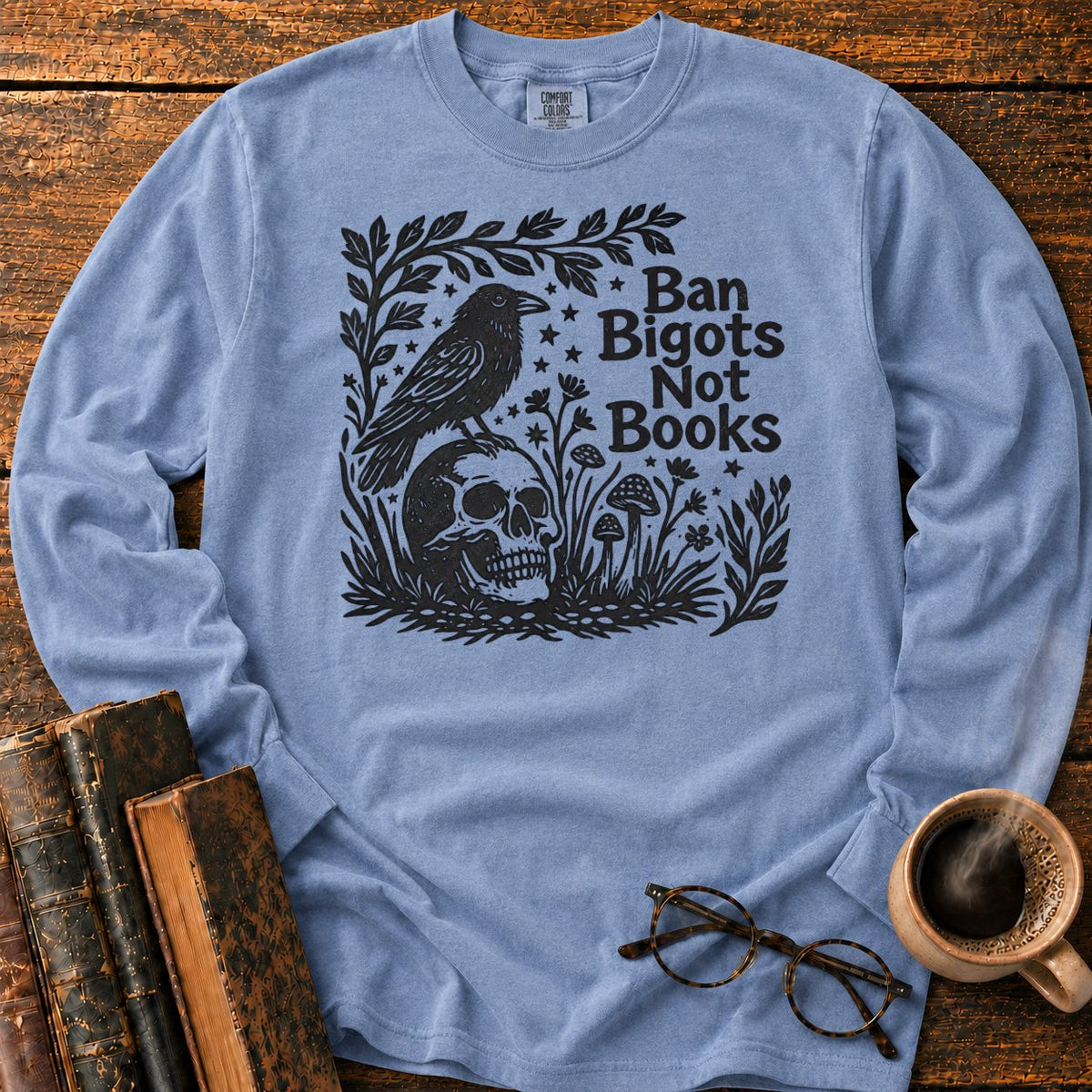 Vintage Raven And Skull Botanical LS T-Shirt in Blue Jean – BooksThreads