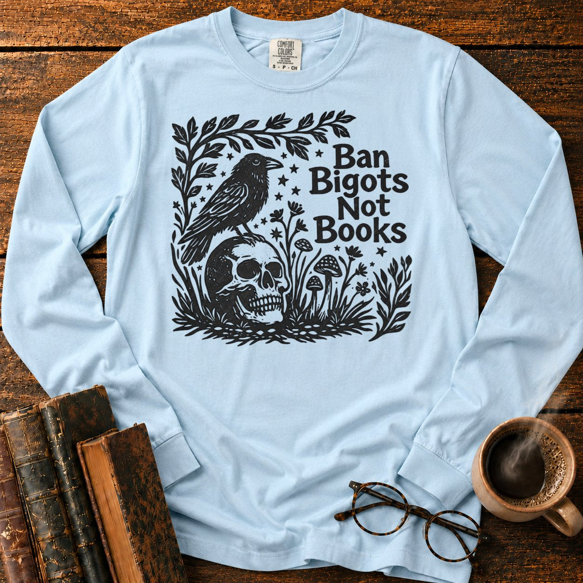 Vintage Raven And Skull Botanical LS T-Shirt in Chambray – BooksThreads