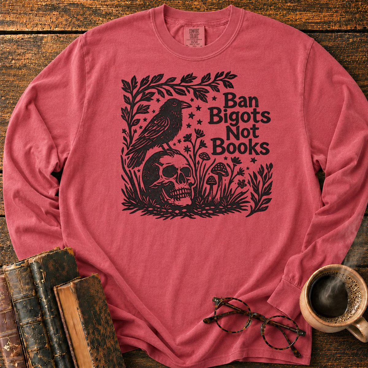Vintage Raven And Skull Botanical LS T-Shirt in Crimson – BooksThreads