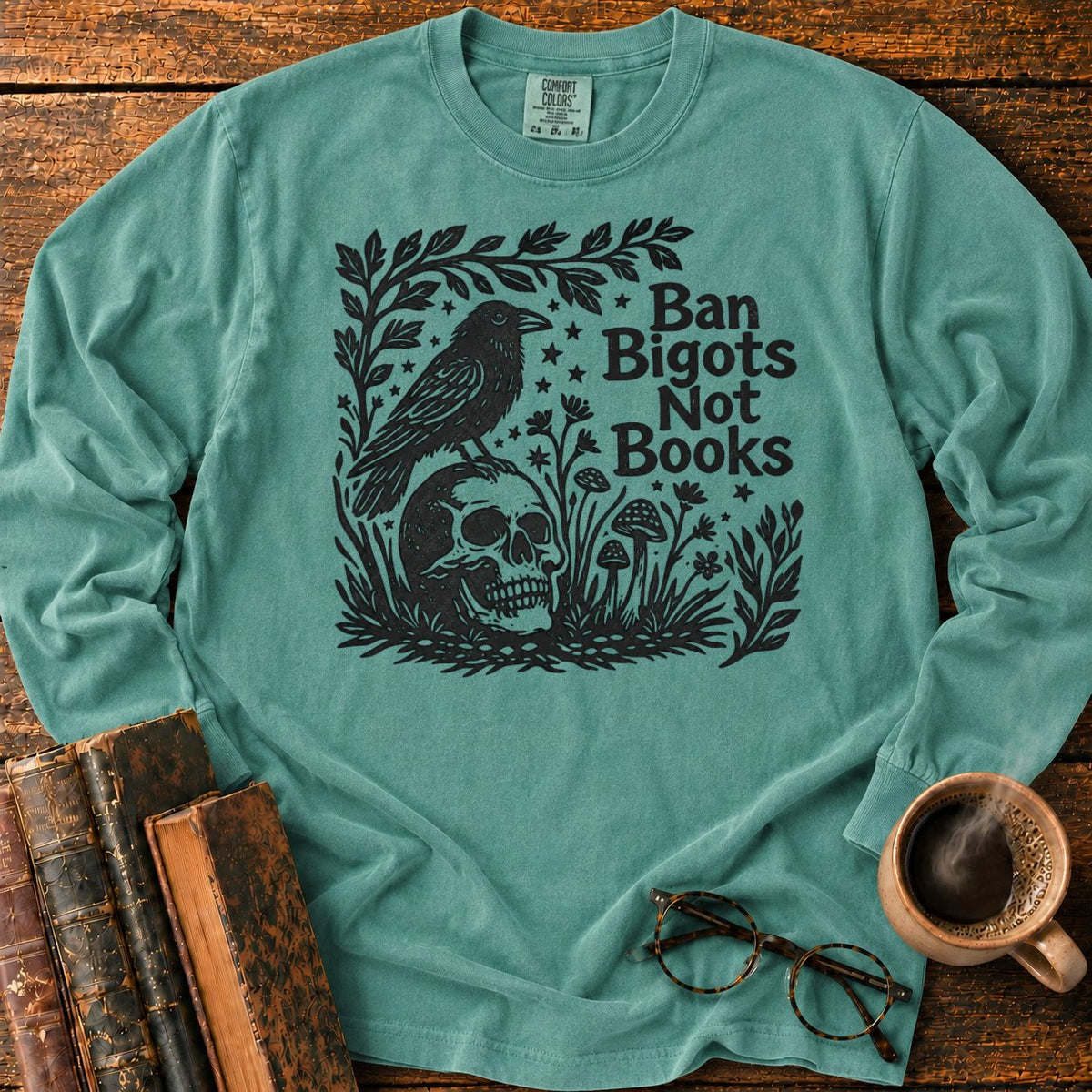 Vintage Raven And Skull Botanical LS T-Shirt in Light Green – BooksThreads