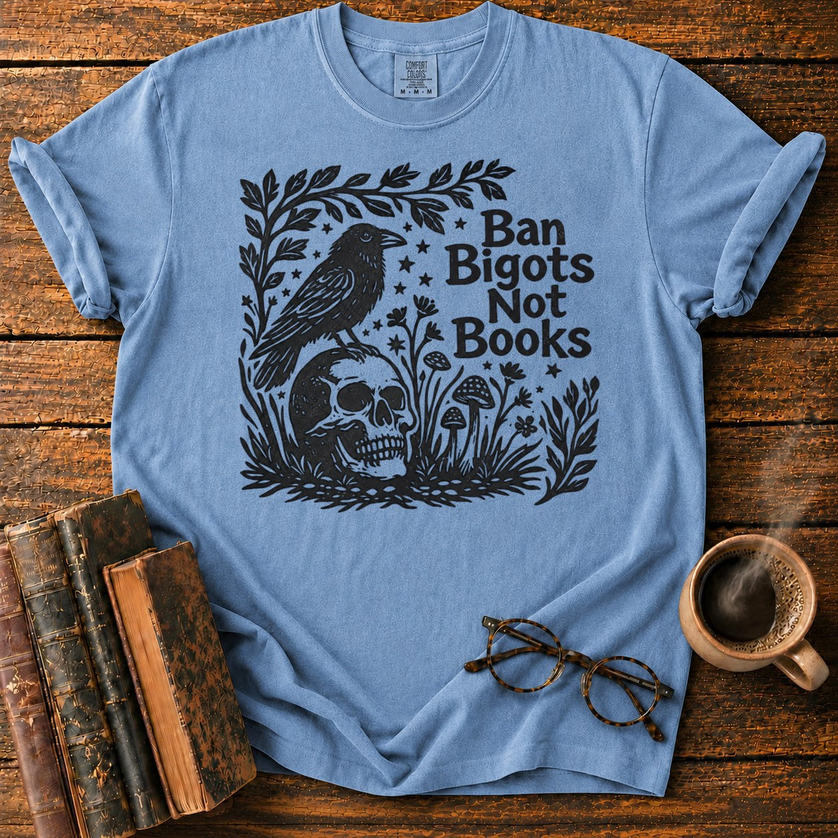 Vintage Raven And Skull Botanical T-Shirt in Blue Jean – BooksThreads