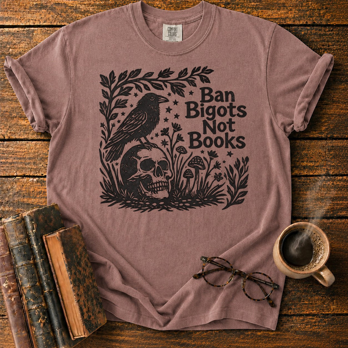 Vintage Raven And Skull Botanical T-Shirt in Espresso – BooksThreads