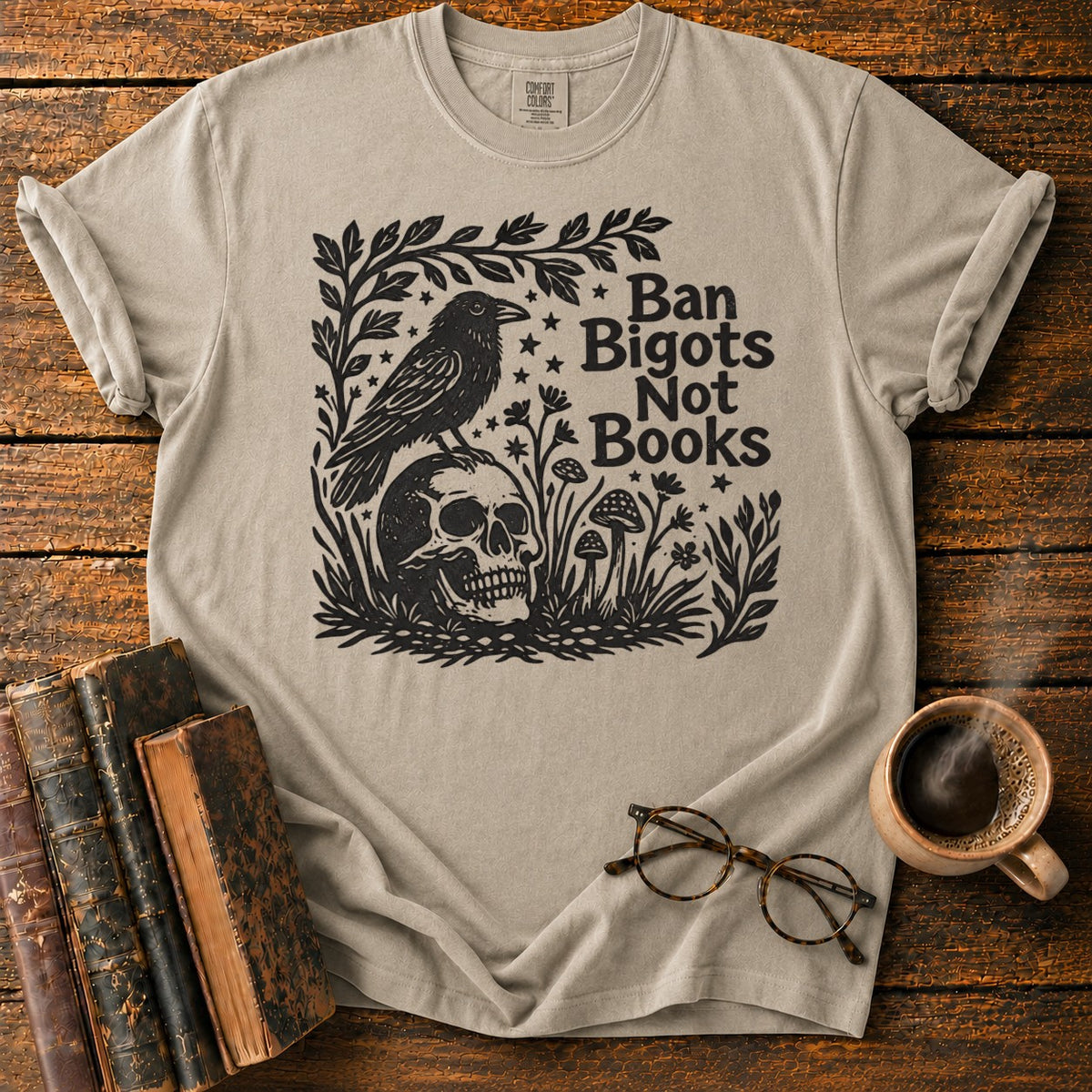Vintage Raven And Skull Botanical T-Shirt in Khaki – BooksThreads