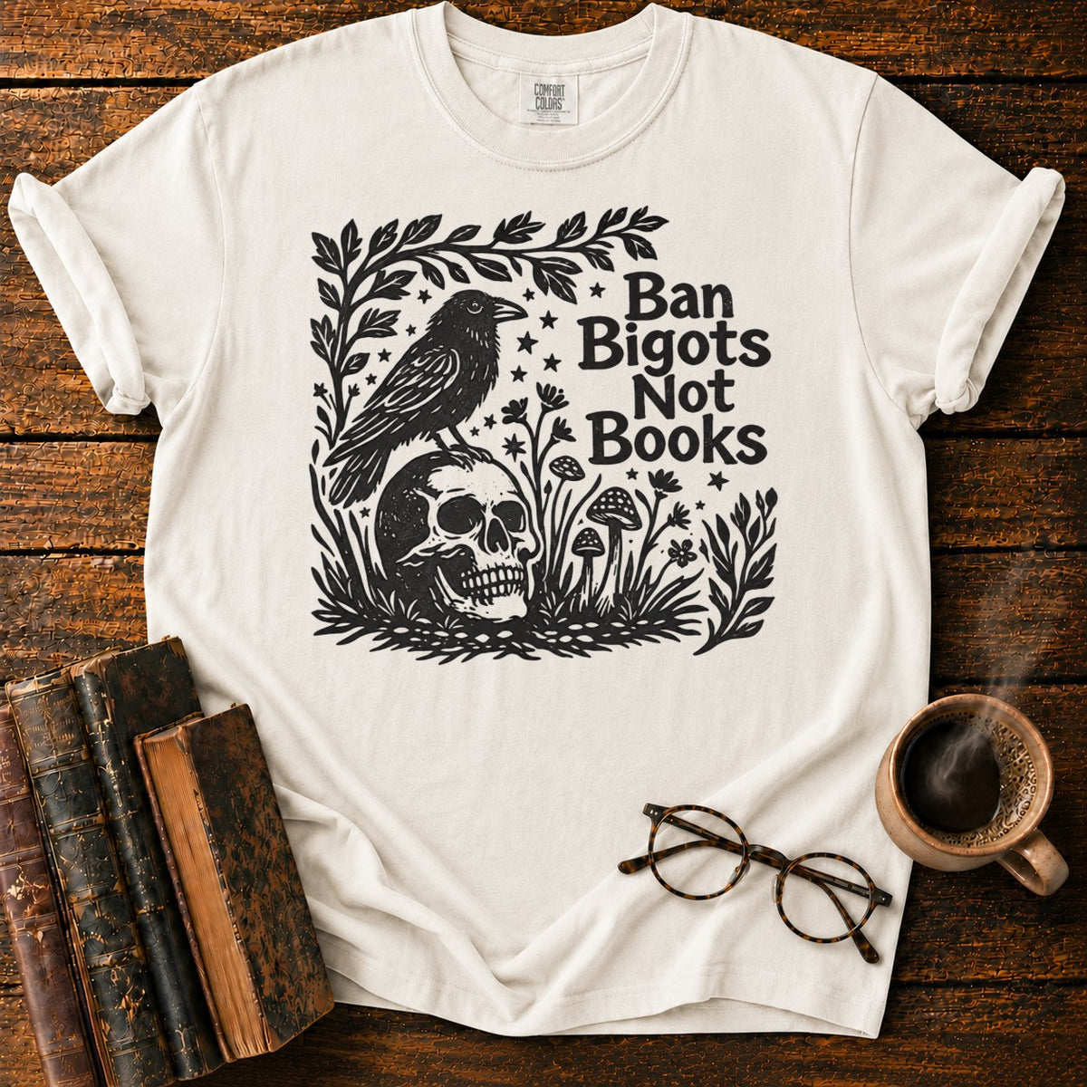 Vintage Raven And Skull Botanical T-Shirt in White – BooksThreads