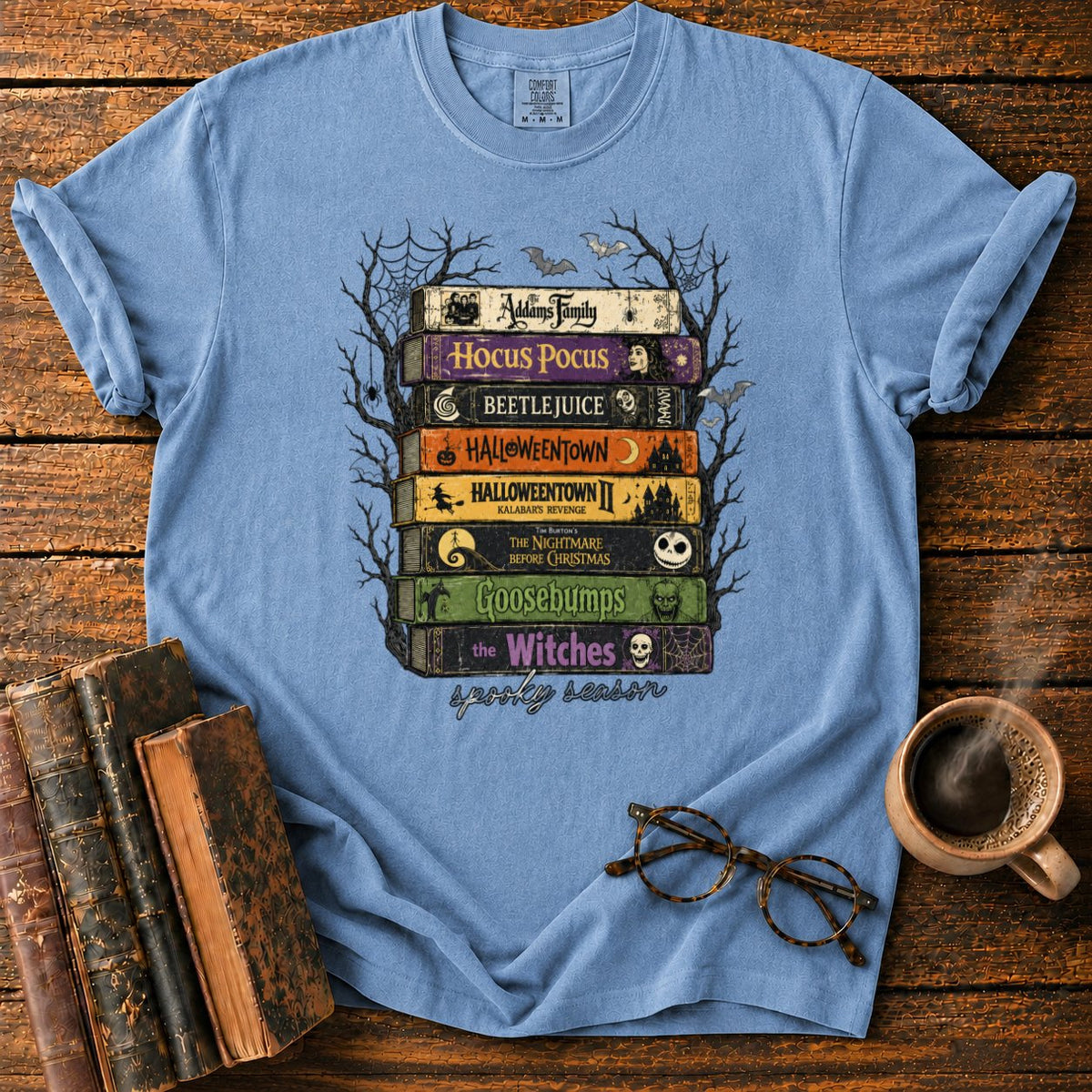 Vintage Spooky Book Stack T-Shirt in Blue Jean – BooksThreads