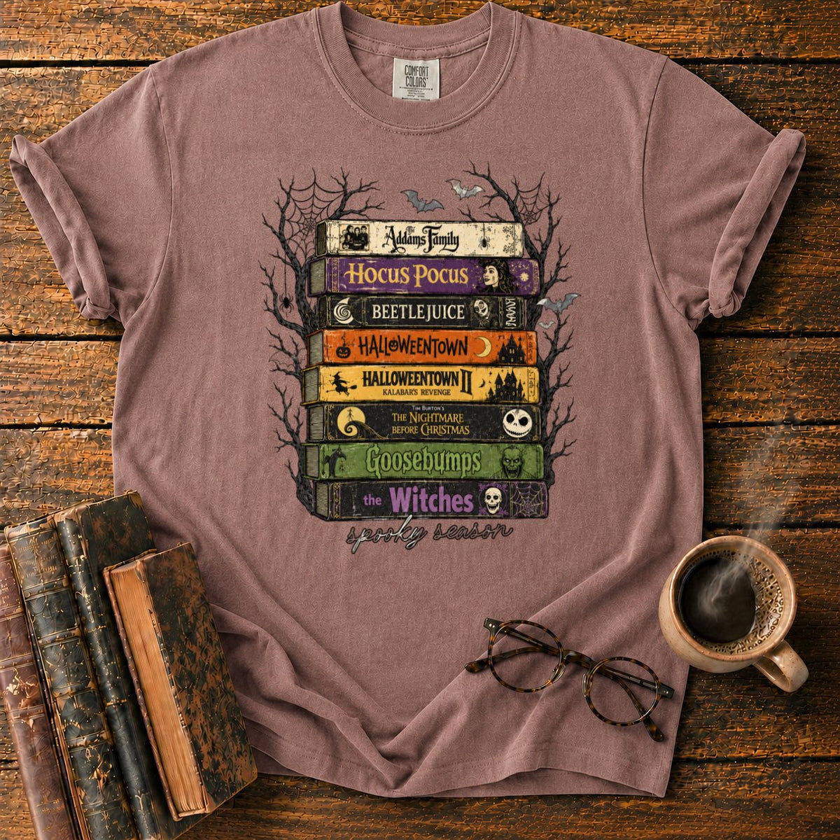 Vintage Spooky Book Stack T-Shirt in Espresso – BooksThreads