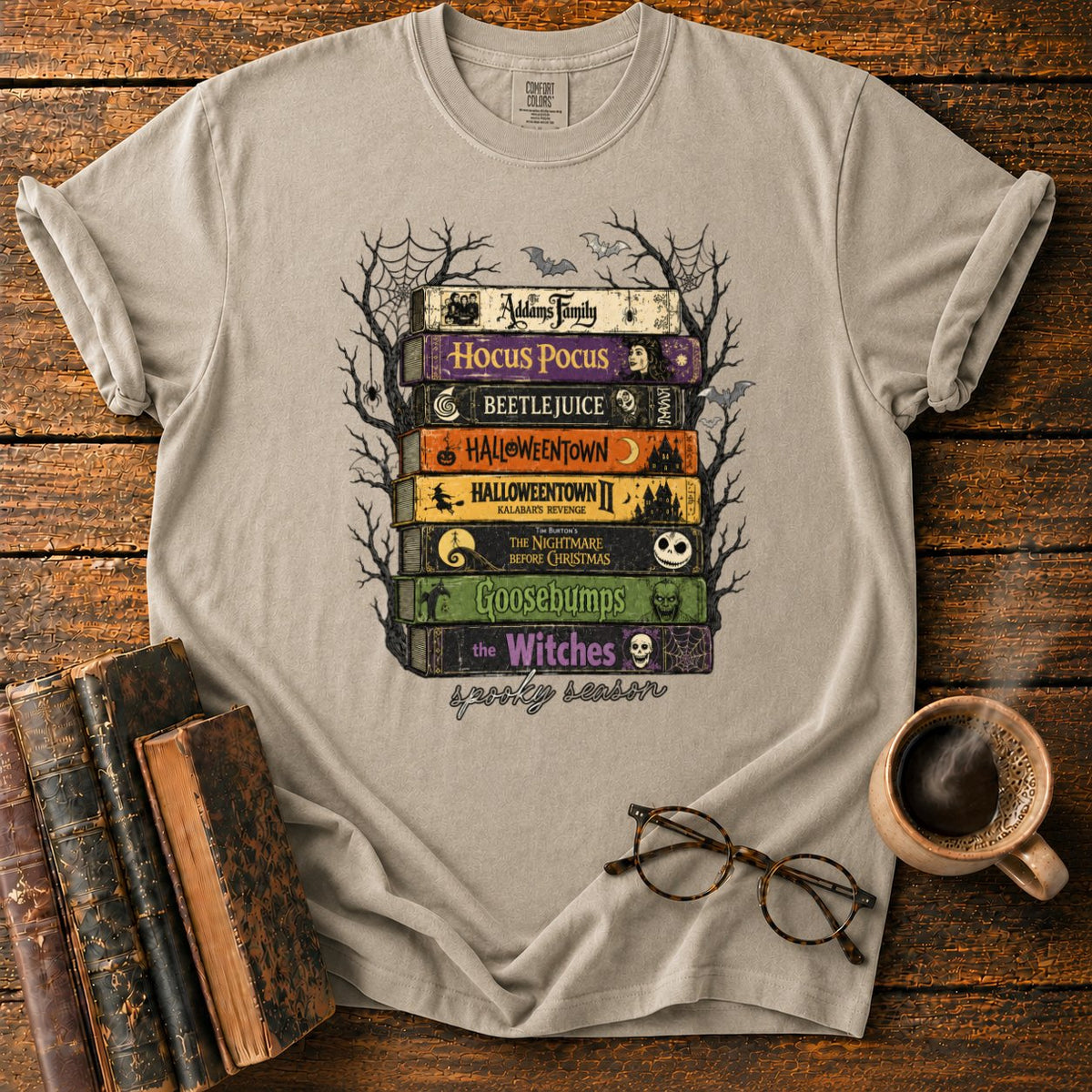 Vintage Spooky Book Stack T-Shirt in Khaki – BooksThreads