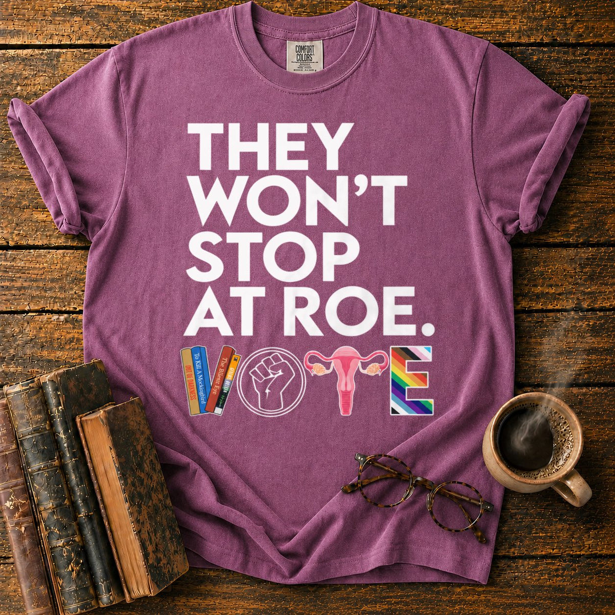 Vote With Books, Fist, Uterus, Pride T-Shirt in Berry – BooksThreads