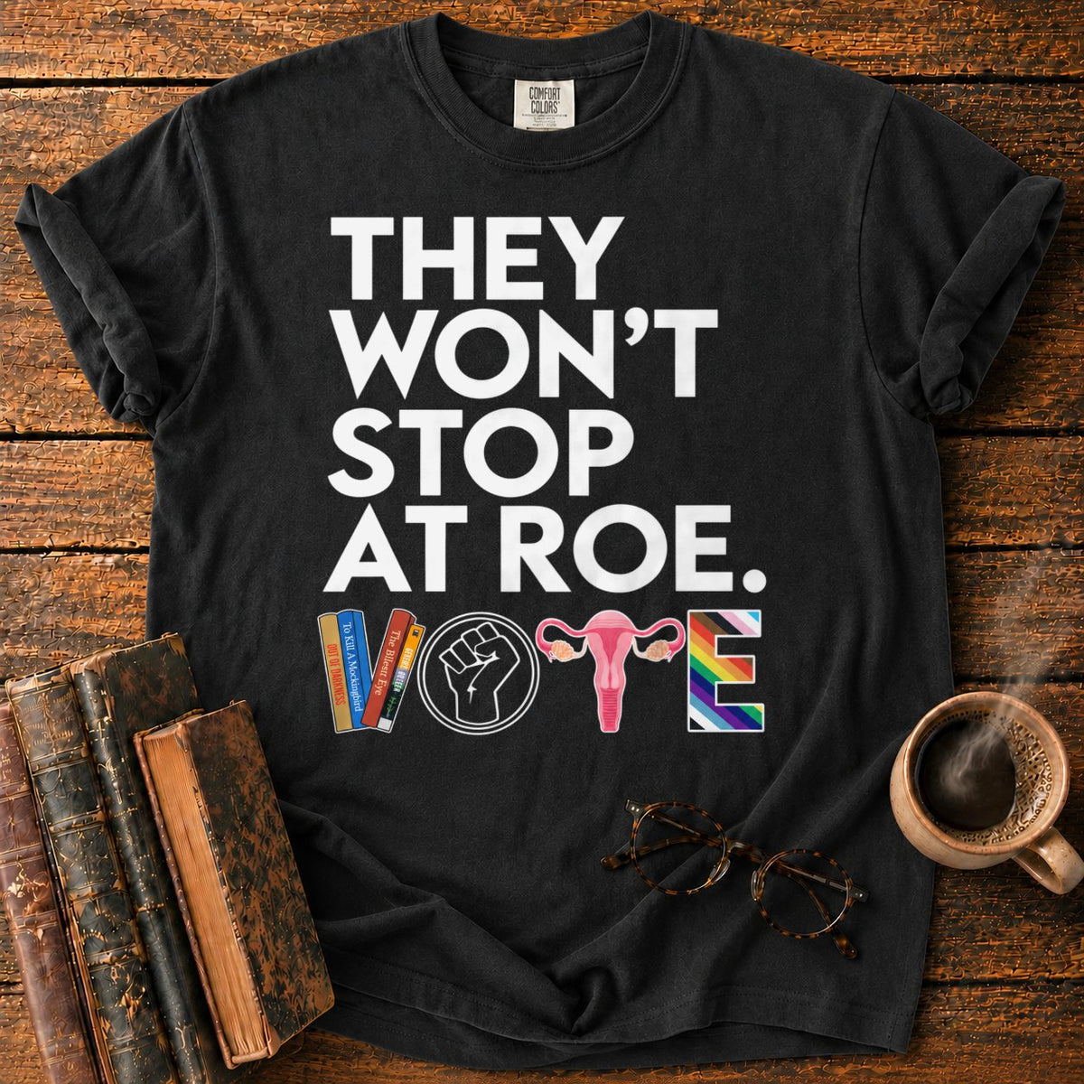 Vote With Books, Fist, Uterus, Pride T-Shirt in Black – BooksThreads