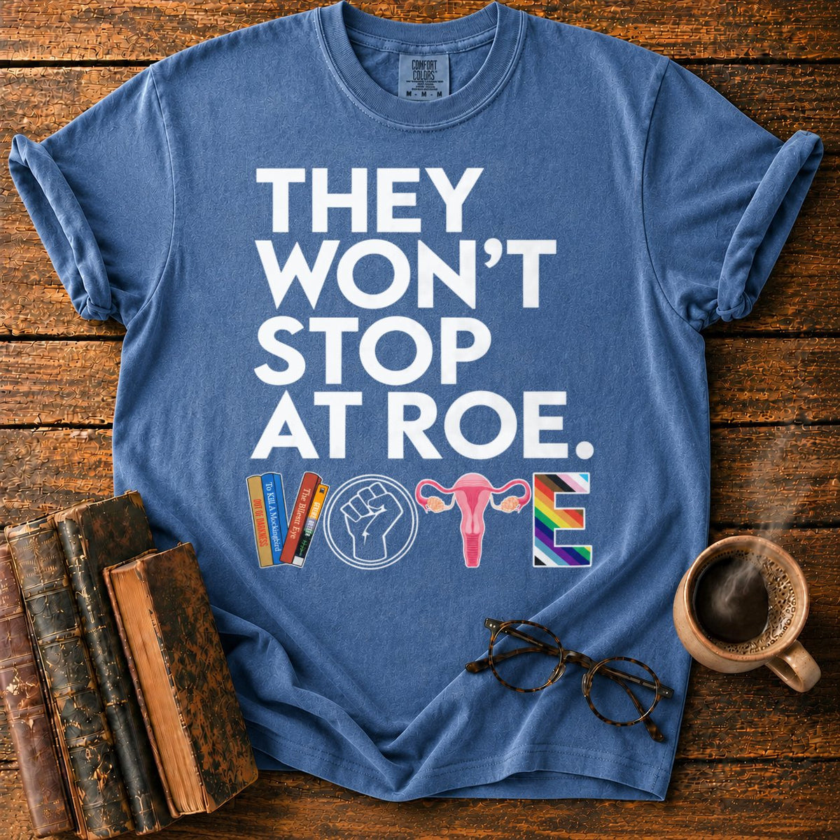 Vote With Books, Fist, Uterus, Pride T-Shirt in Denim – BooksThreads