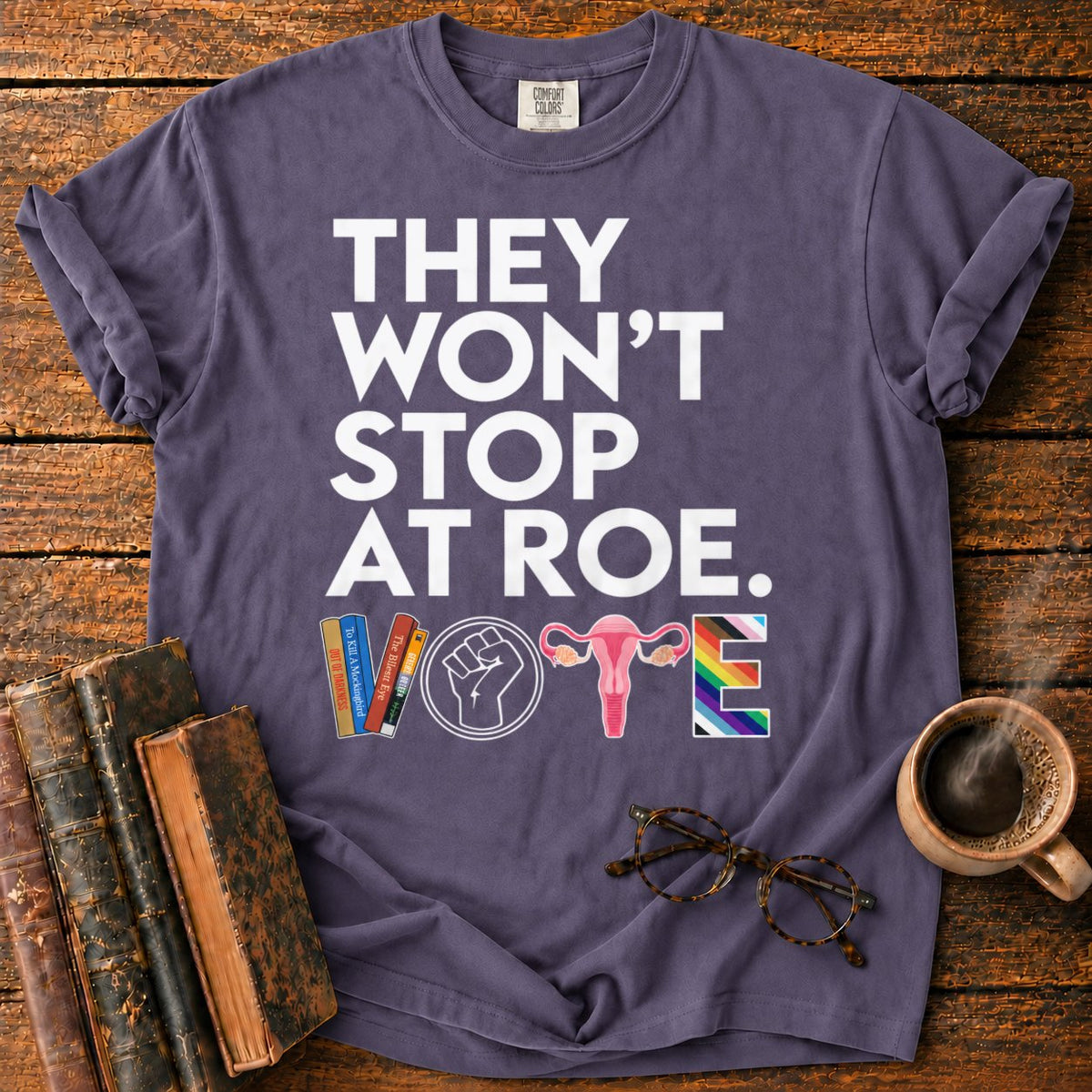 Vote With Books, Fist, Uterus, Pride T-Shirt in Grape – BooksThreads