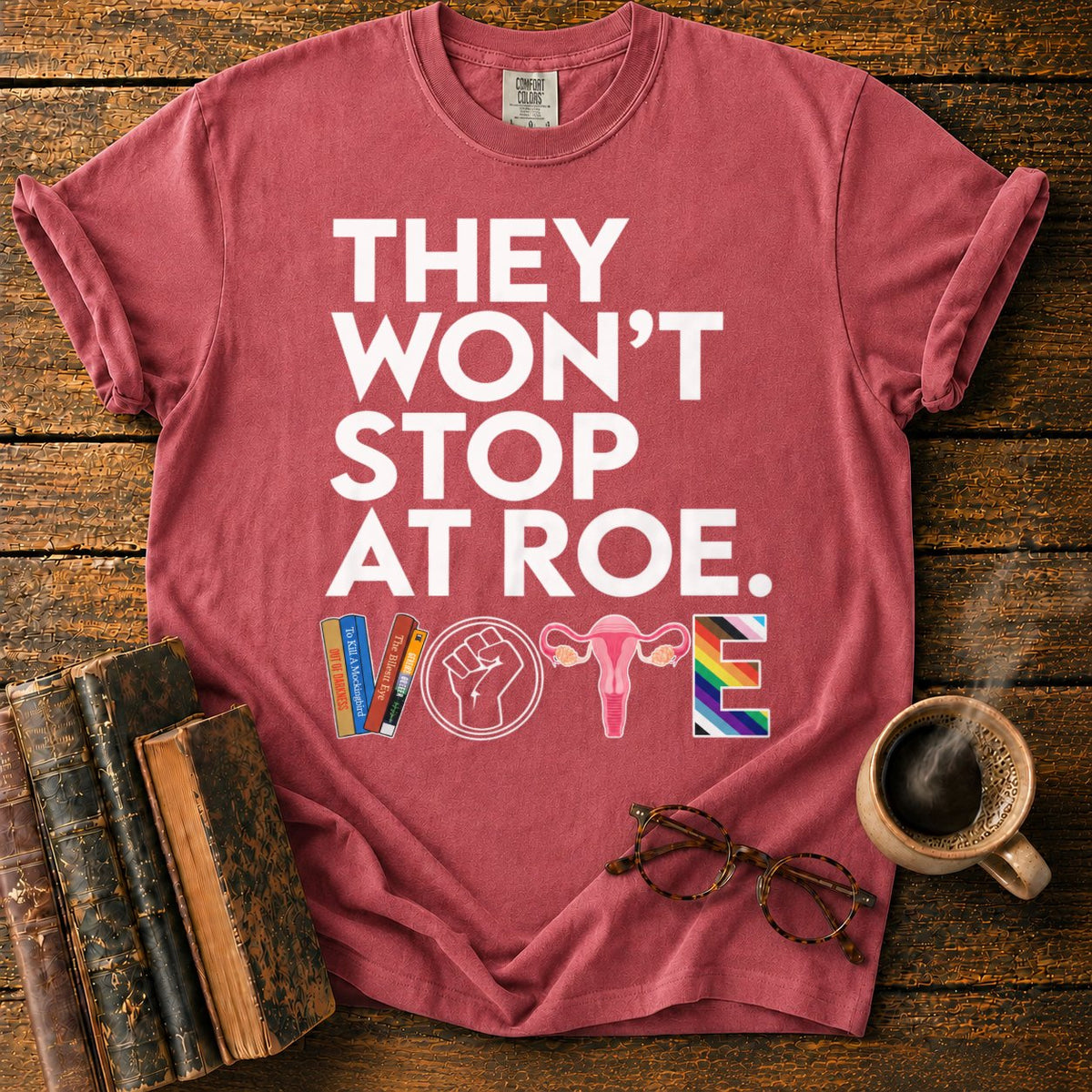 Vote With Books, Fist, Uterus, Pride T-Shirt in Watermelon – BooksThreads