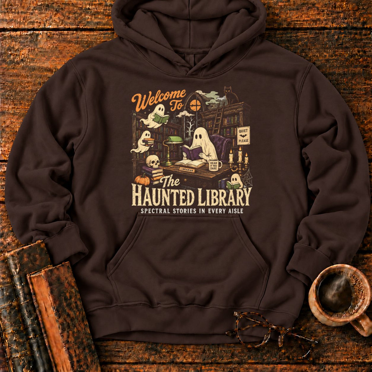 Welcome To The Haunted Library Hoodie in Dark Chocolate – BooksThreads