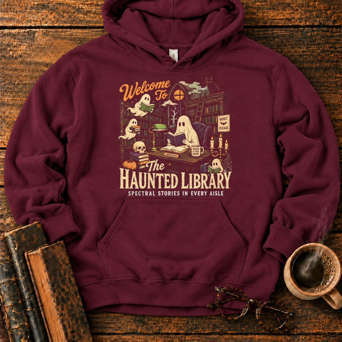 Welcome To The Haunted Library Hoodie in Maroon – BooksThreads