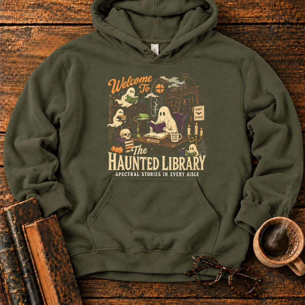 Welcome To The Haunted Library Hoodie in Military Green – BooksThreads