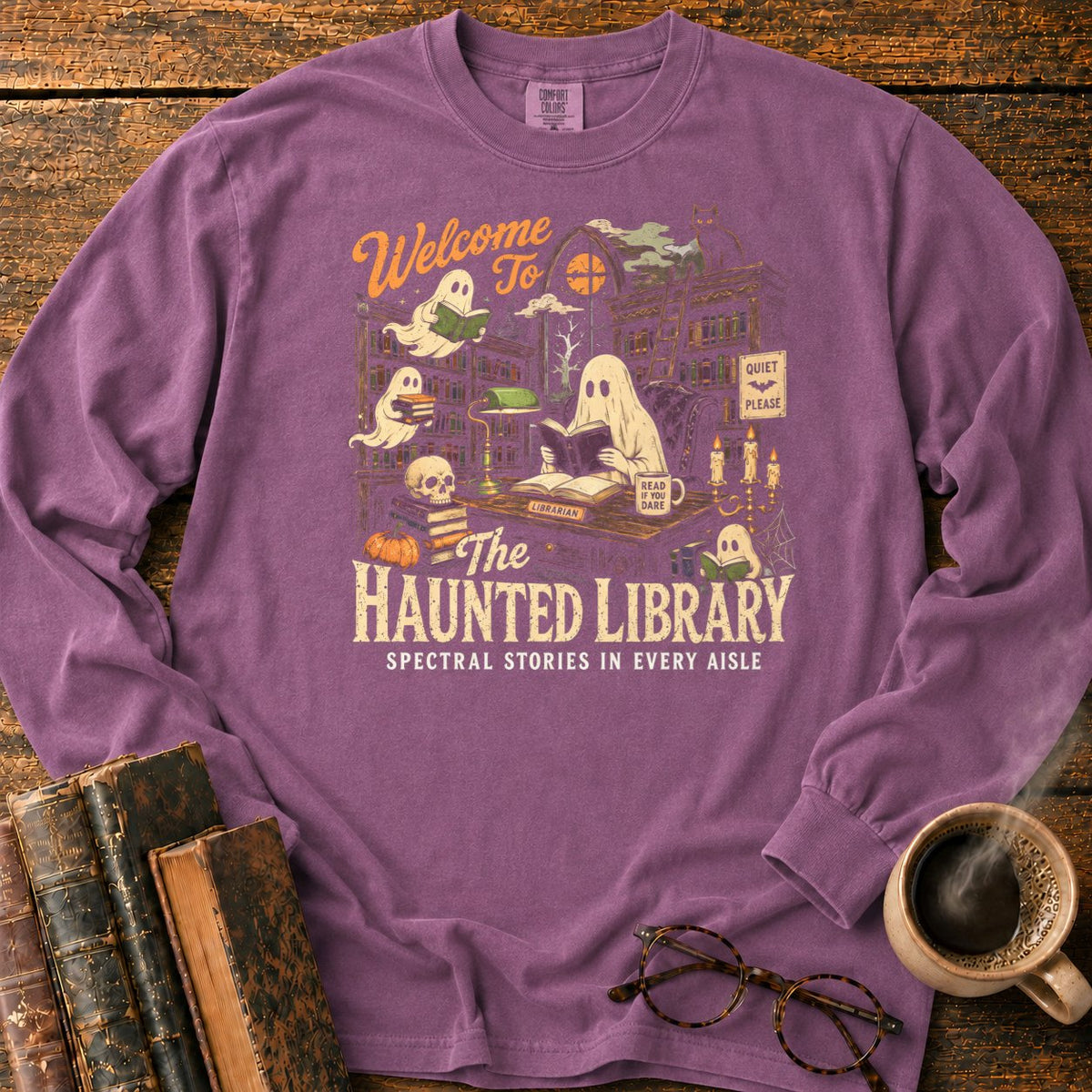 Welcome To The Haunted Library LS T-Shirt in Berry – BooksThreads