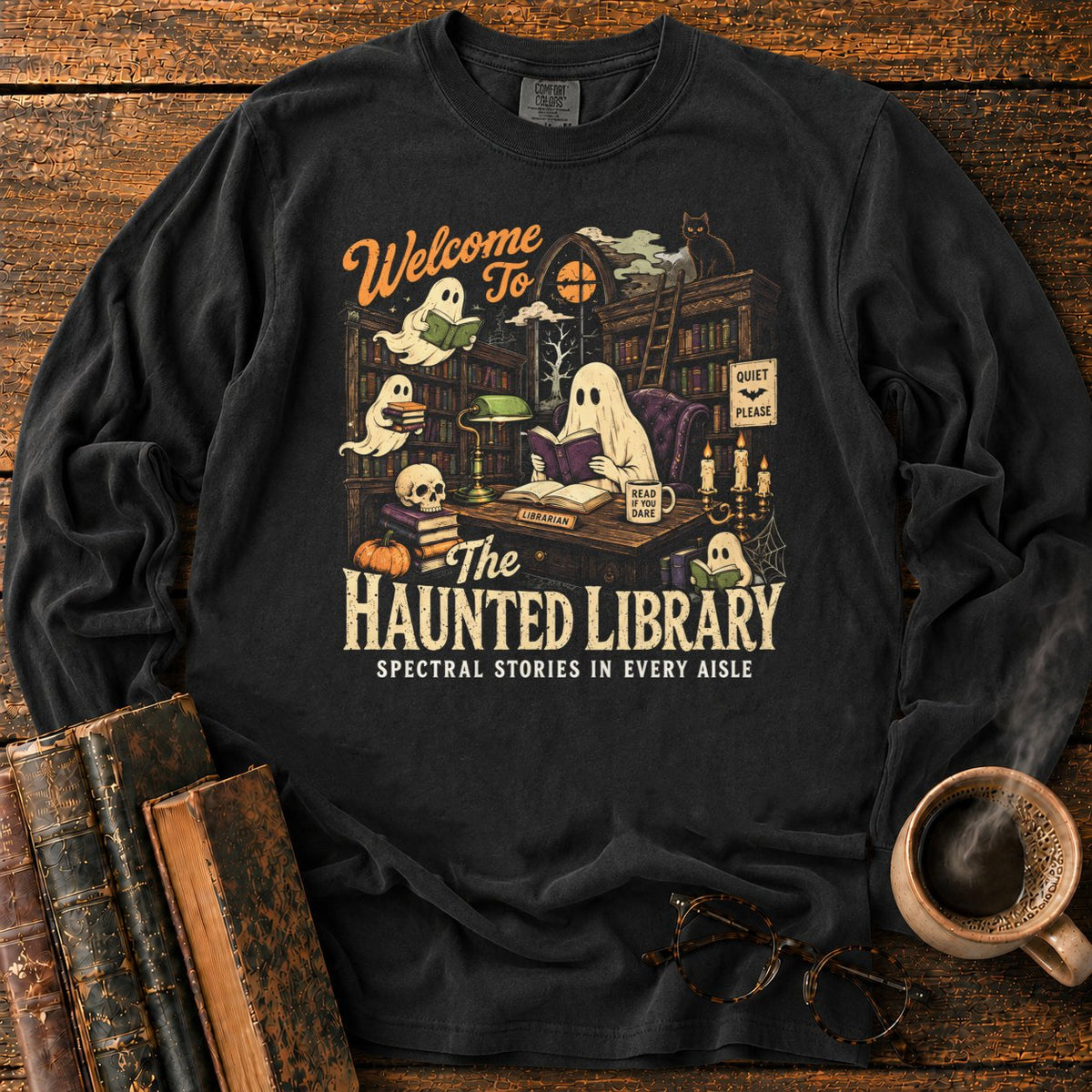 Welcome To The Haunted Library LS T-Shirt in Black – BooksThreads
