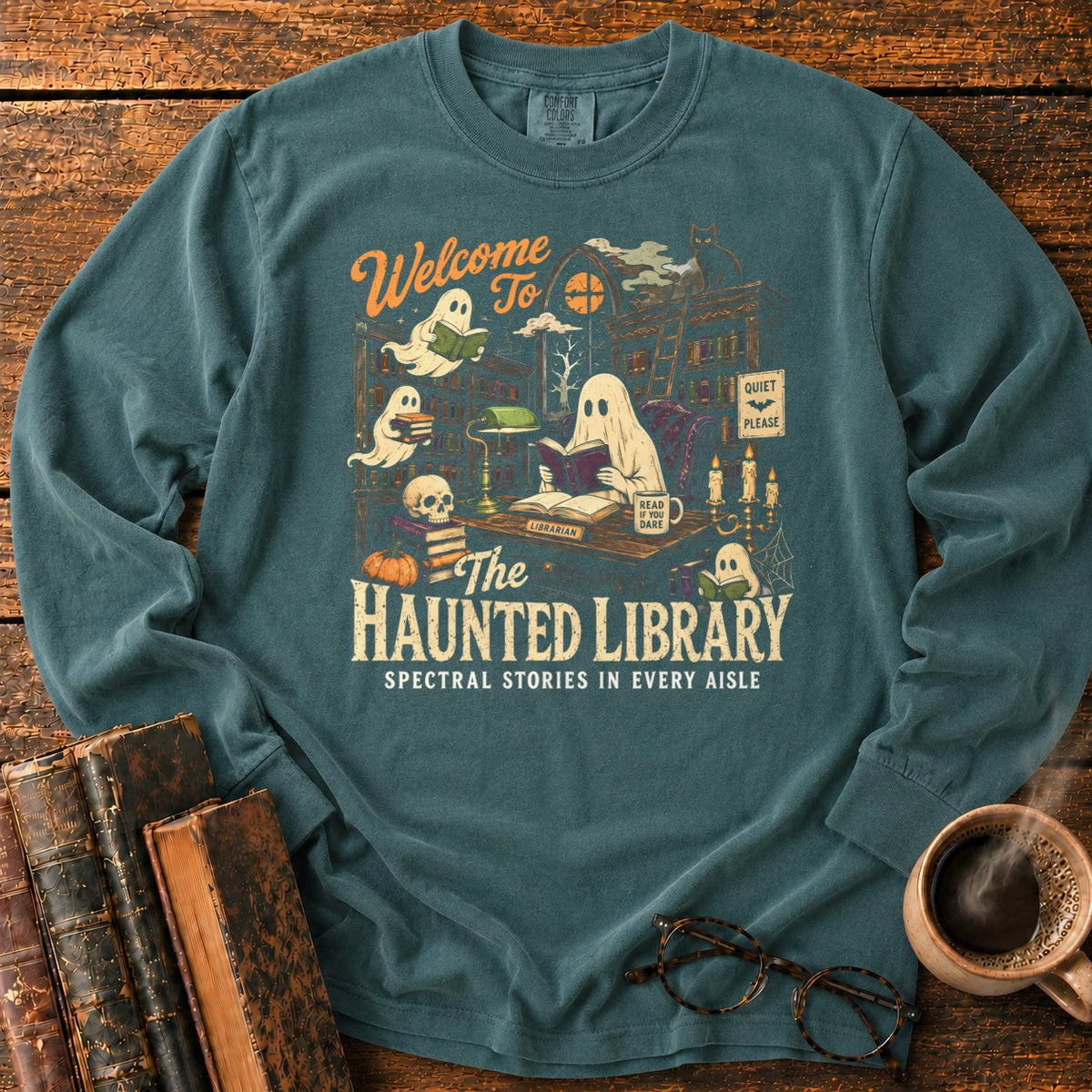Welcome To The Haunted Library LS T-Shirt in Blue Spruce – BooksThreads