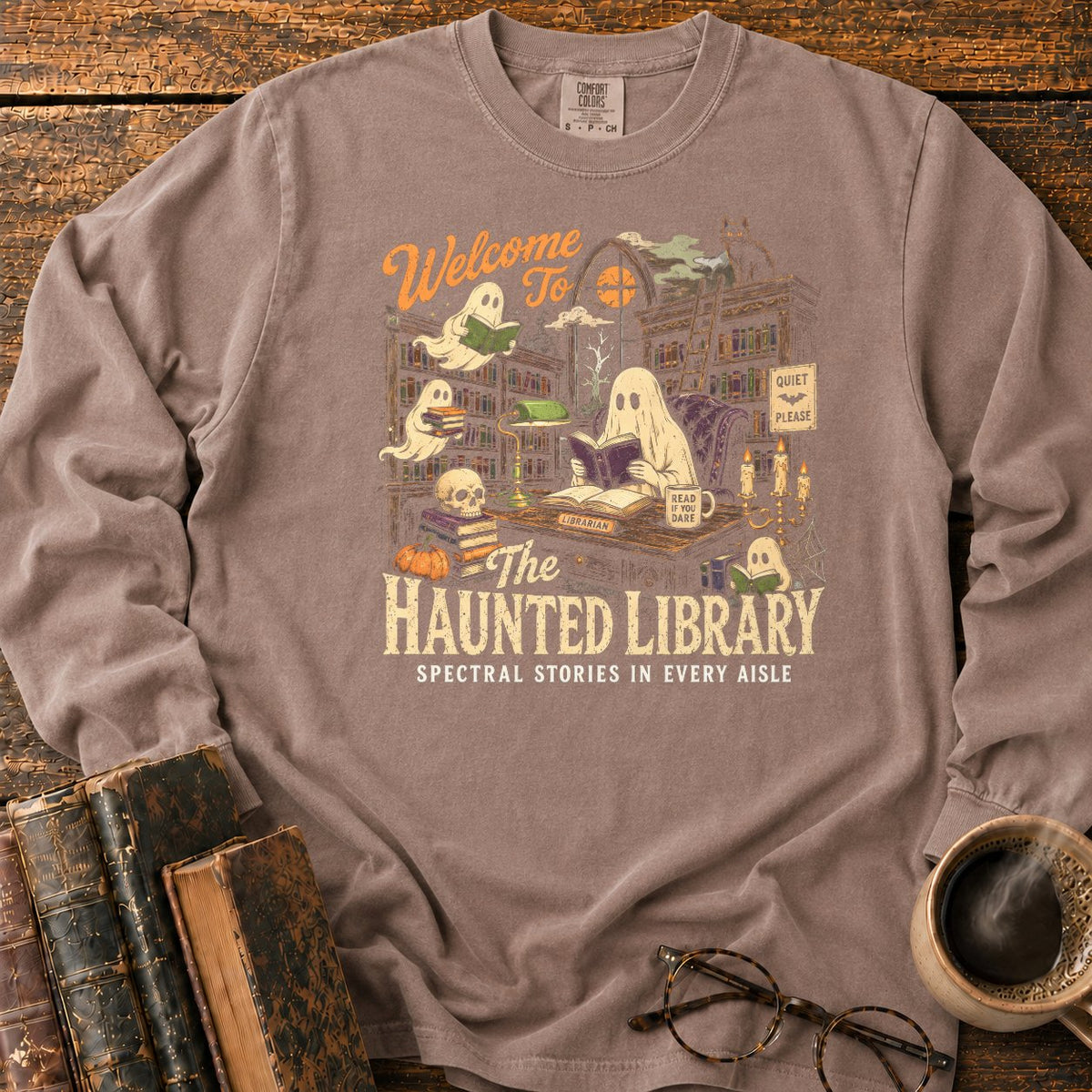 Welcome To The Haunted Library LS T-Shirt in Espresso – BooksThreads