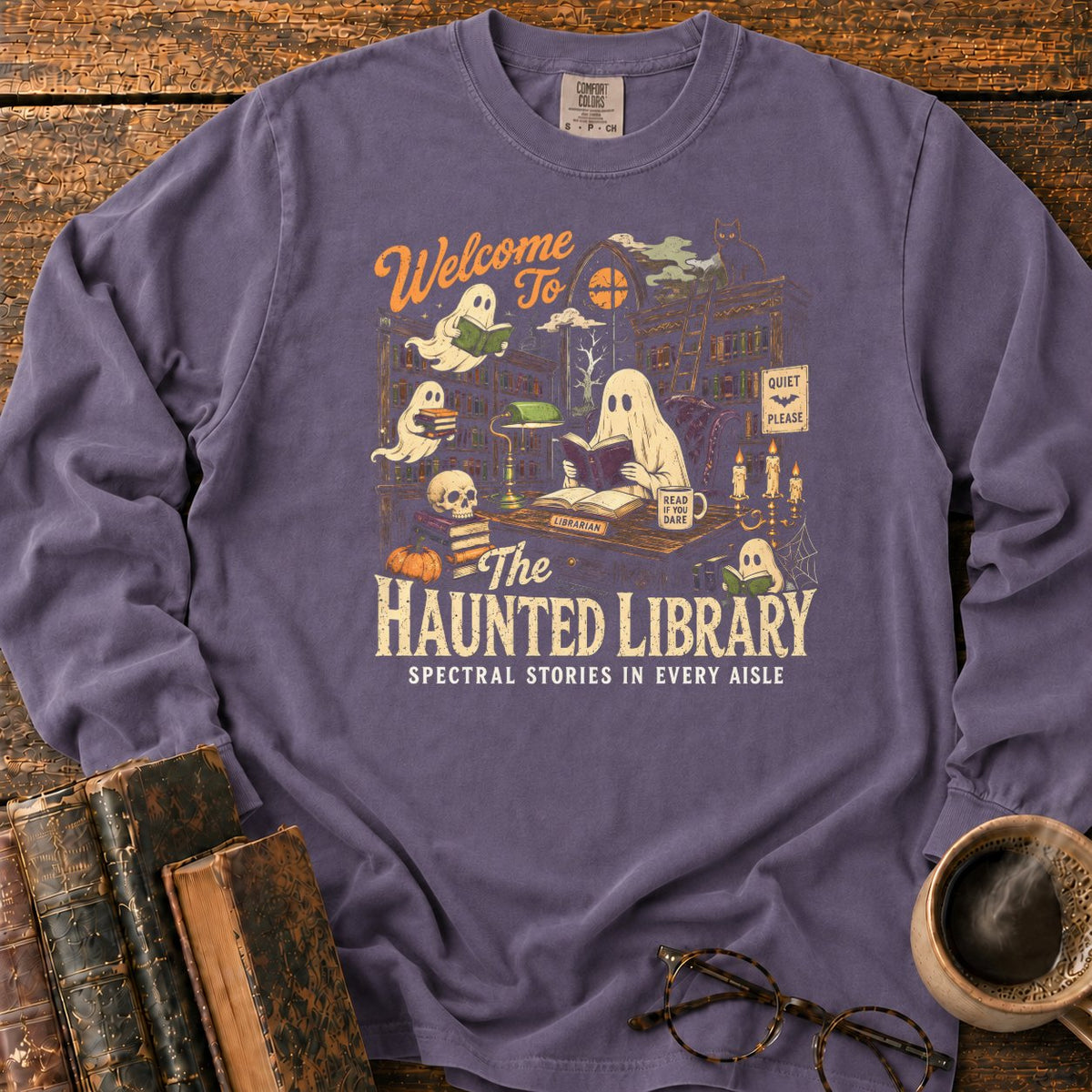 Welcome To The Haunted Library LS T-Shirt in Grape – BooksThreads