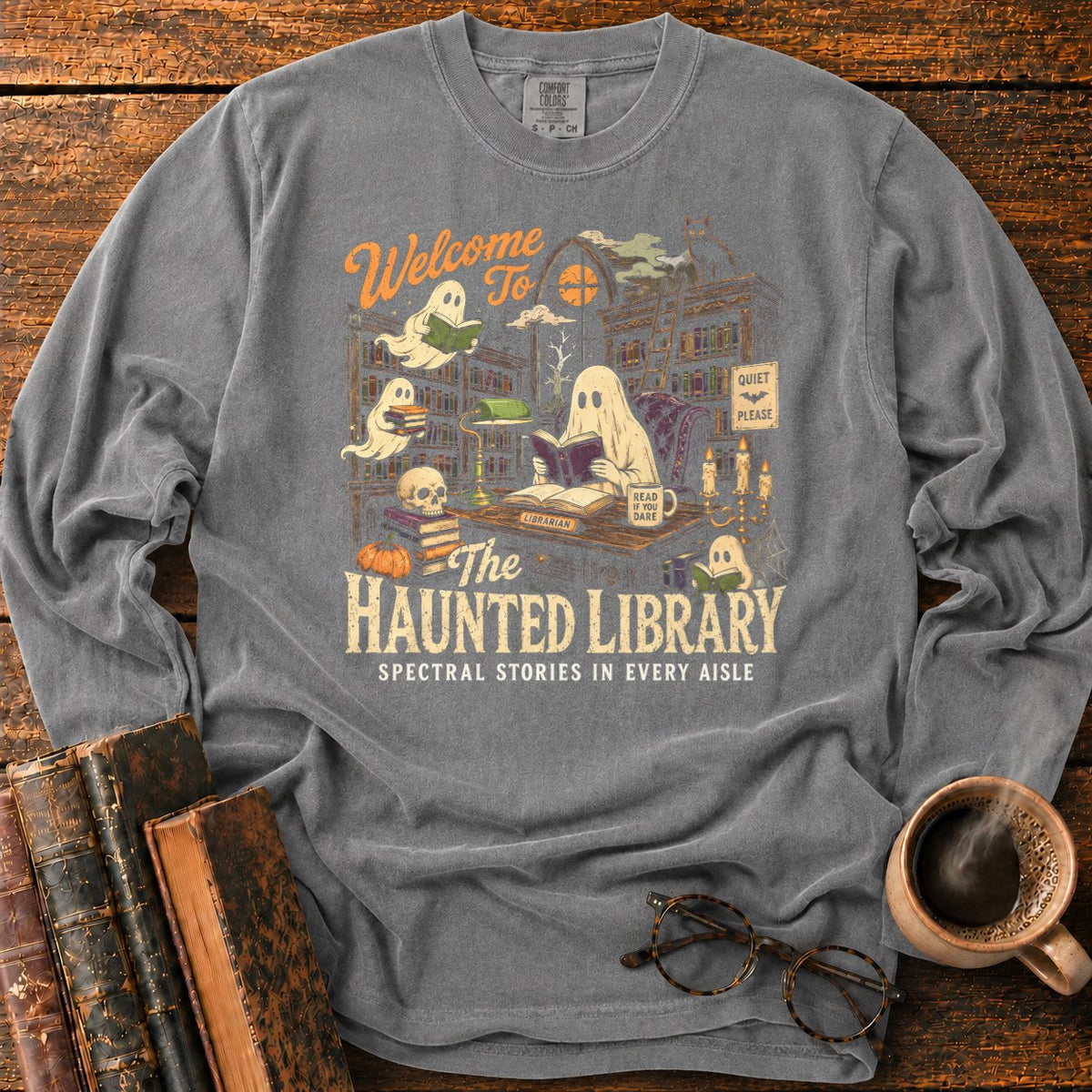 Welcome To The Haunted Library LS T-Shirt in Pepper – BooksThreads