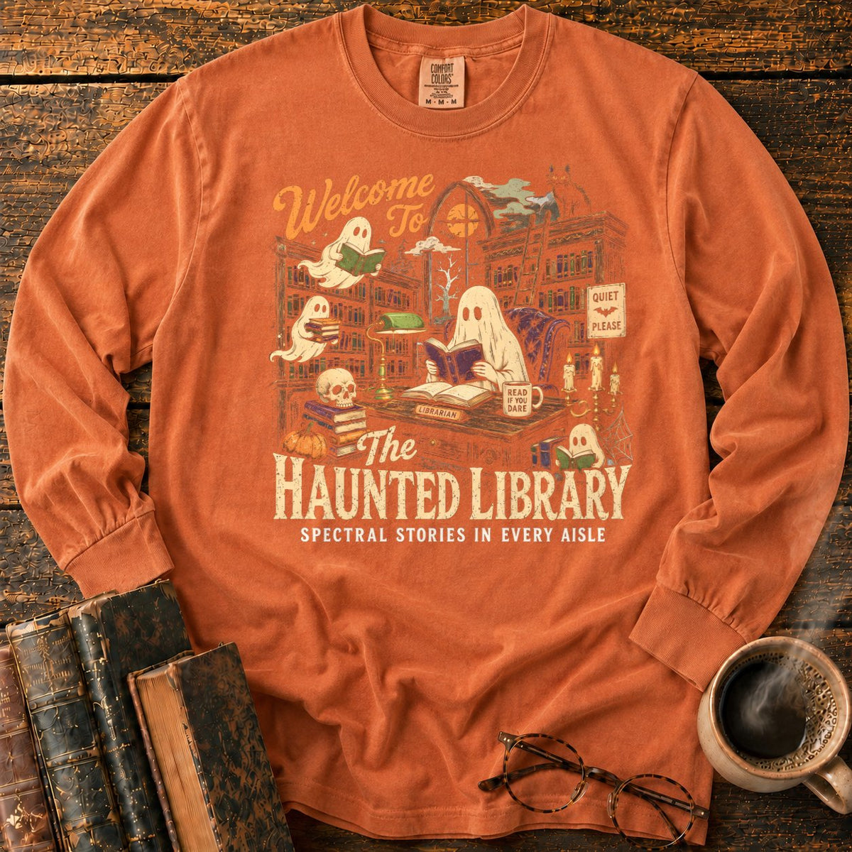 Welcome To The Haunted Library LS T-Shirt in Yam – BooksThreads